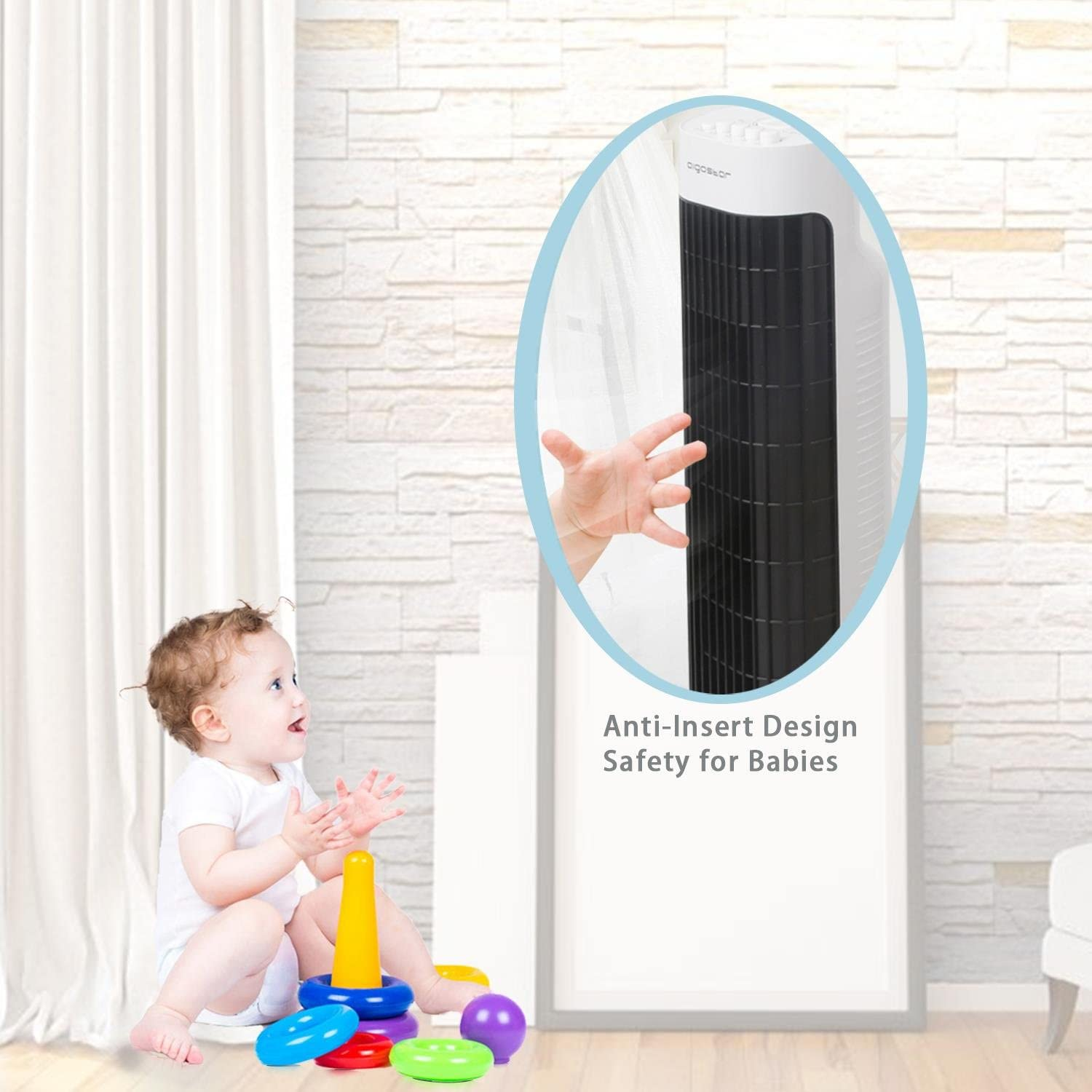 Un bambino seduto raggiunge una ventola in un ovale. Il testo dice 'Design Anti-Insert Sicurezza per Bambini'.