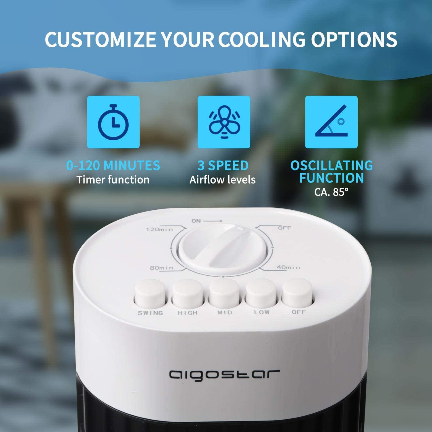 Pannello di controllo del ventilatore bianco e nero con pulsanti e timer. Testo: timer, velocità, oscillazione.