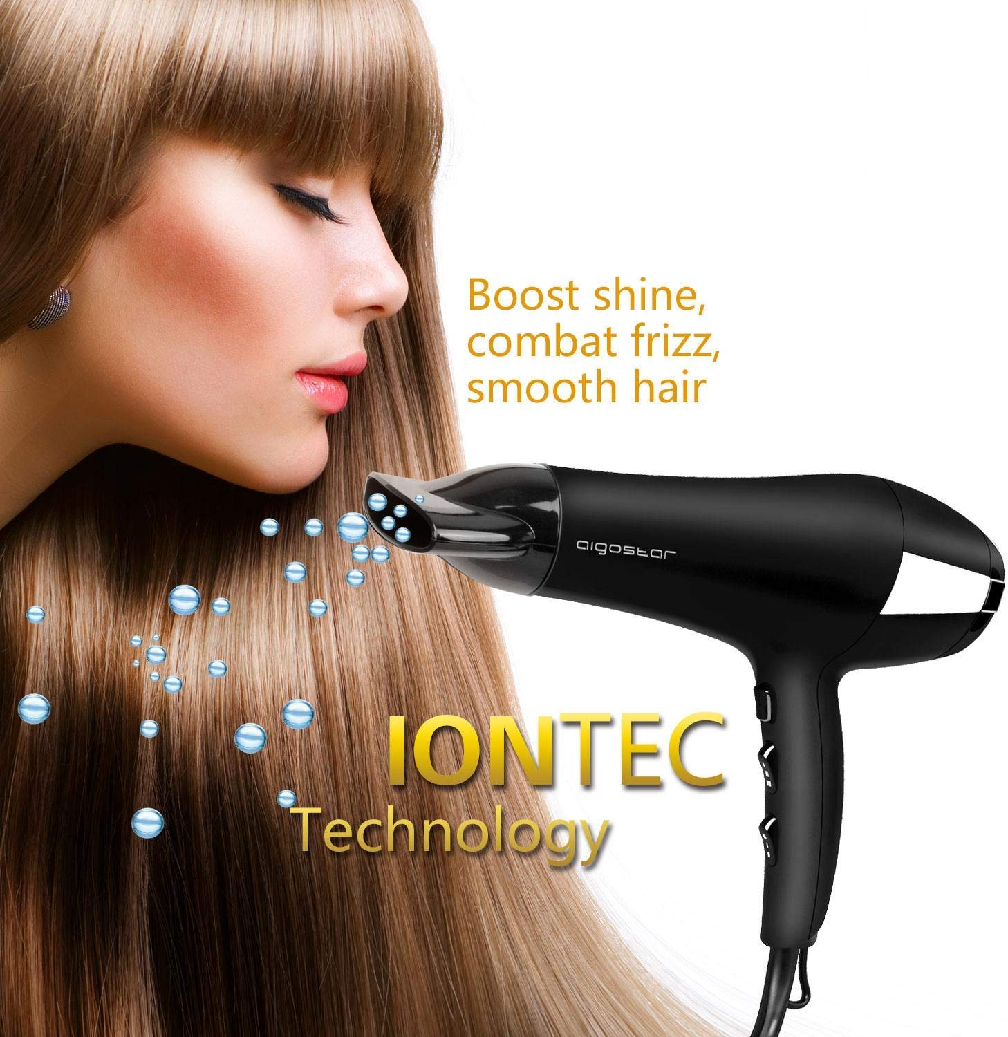 Secador AIGOSTAR Secador profesional iónico 2400W Aigostar 2400  W, niveles temperatura, velocidades, Difusor incluido, Negro