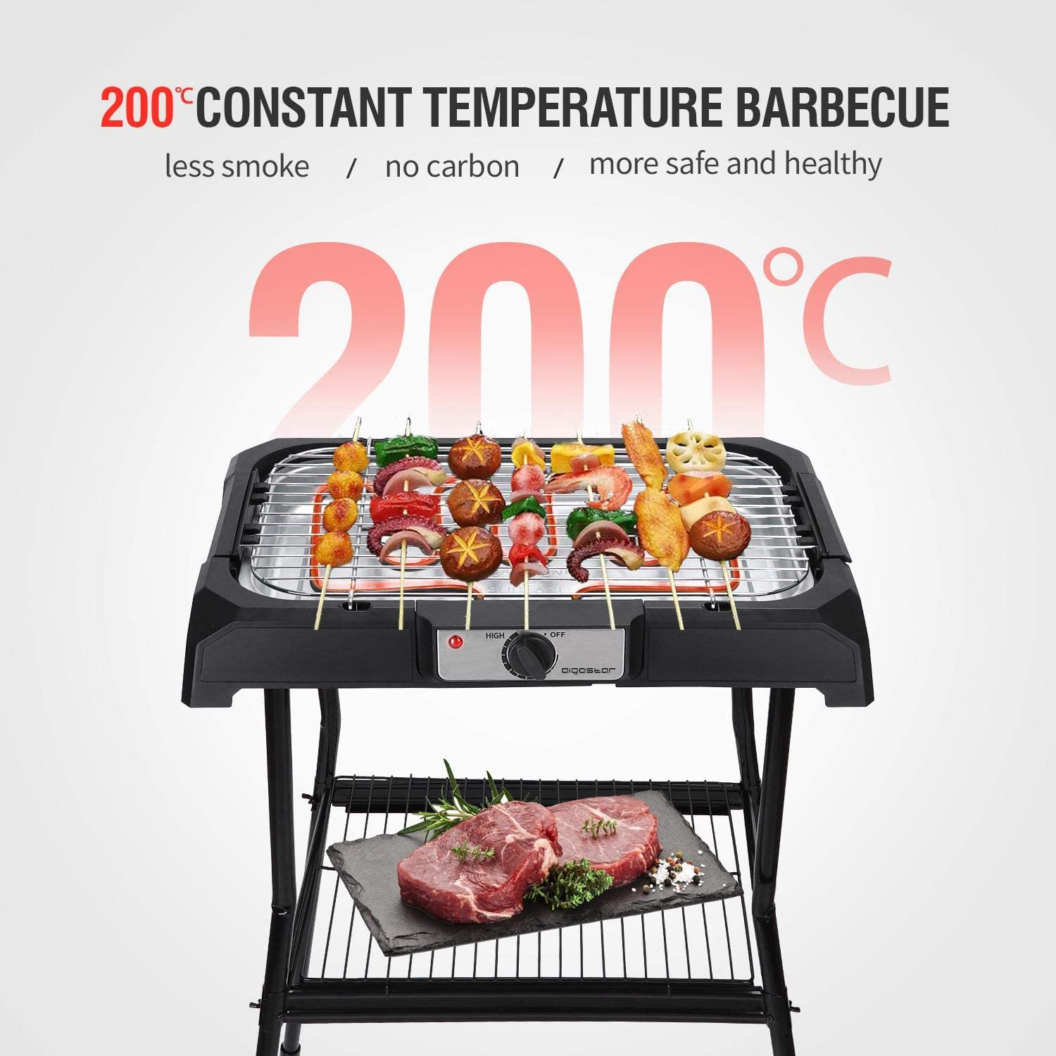 (2000 Watt) Standgrill, AIGOSTAR Barbecue Pro Black 204822 Lava 30RRD