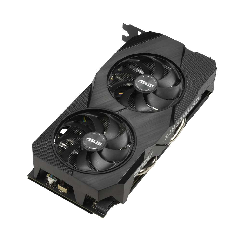 Schwarze Grafikkarte mit zwei ASUS-beschrifteten Lüftern auf weißem Untergrund.
