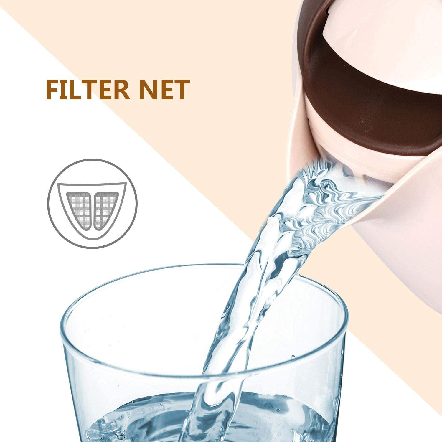 Acqua versata da una brocca bianca e marrone in un bicchiere trasparente, con testo 'FILTER NET'.