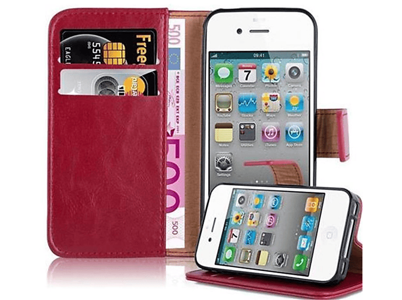 CADORABO Hülle Luxury Book Style, Bookcover, Apple, iPhone 4 / 4S, WEIN ROT