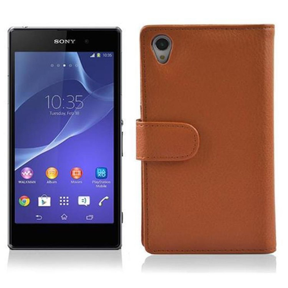 Teléfono Sony a la izquierda, con una funda de cuero marrón a la derecha. El teléfono muestra la hora.
