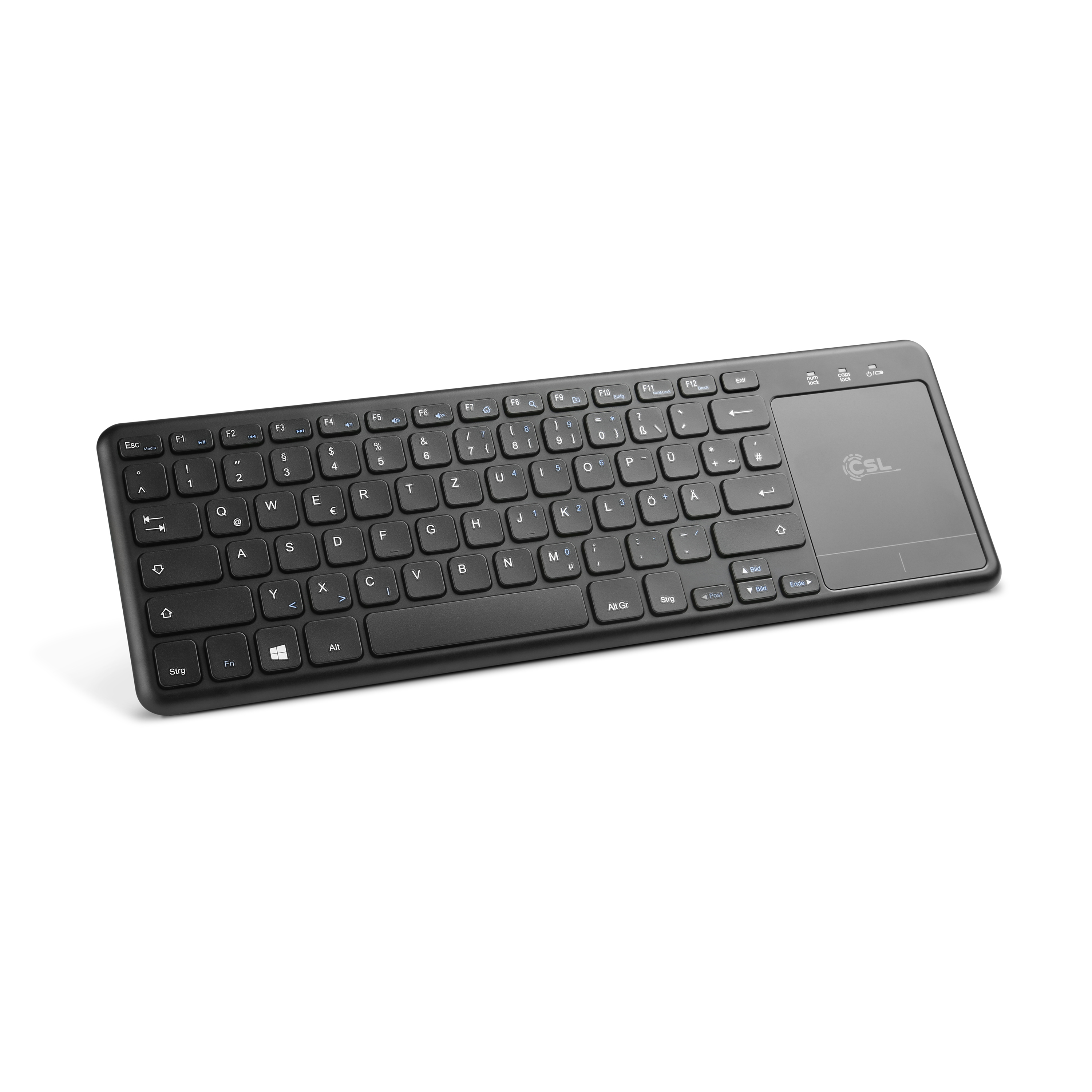 Eine schwarze, kabellose Tastatur mit Touchpad rechts. Tasten mit weißer Beschriftung.