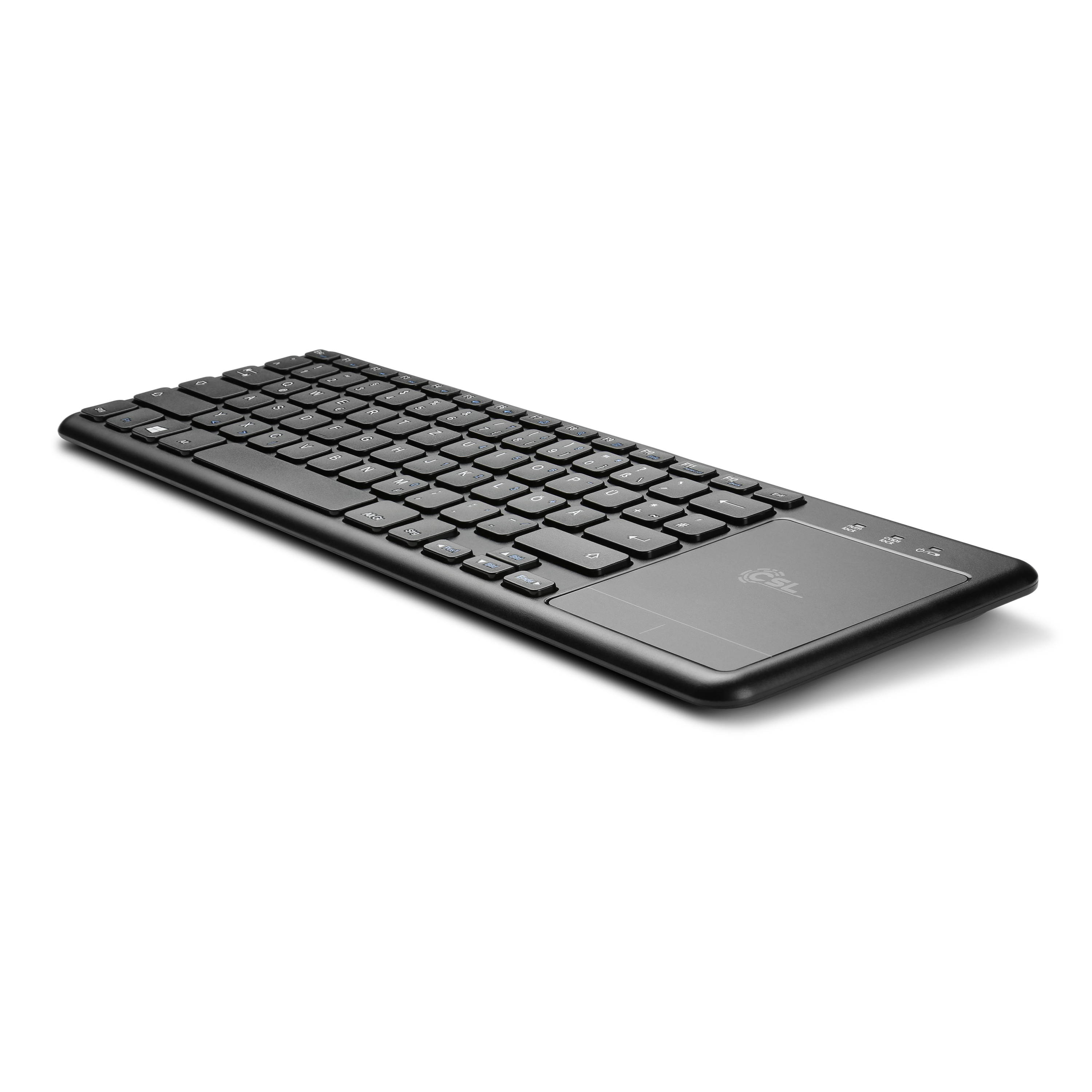 Schwarze Tastatur mit Touchpad und weißem Kabel.