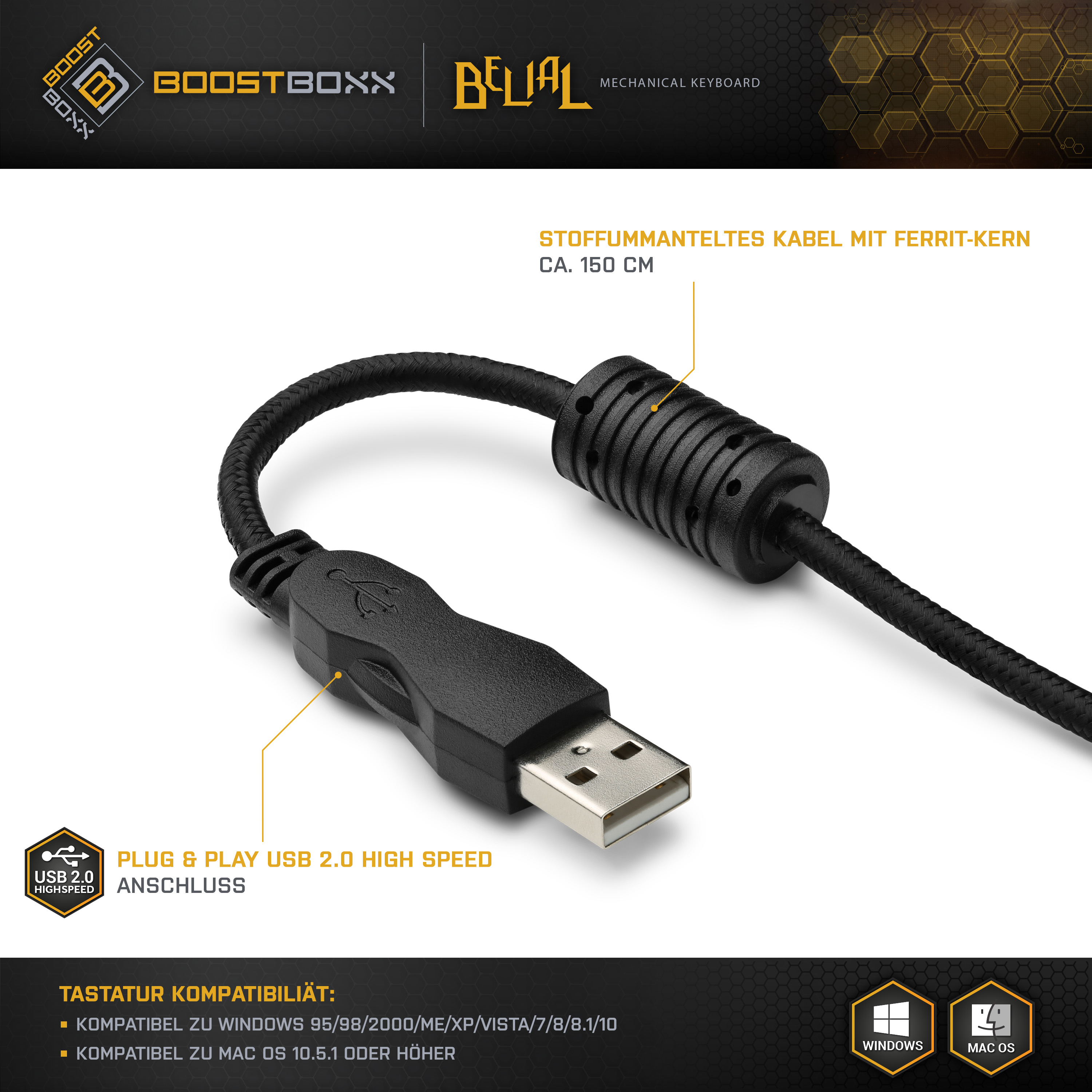 Schwarzes USB-Kabel für eine mechanische Tastatur mit Ferritkern. Das Kabel ist 150 cm lang.