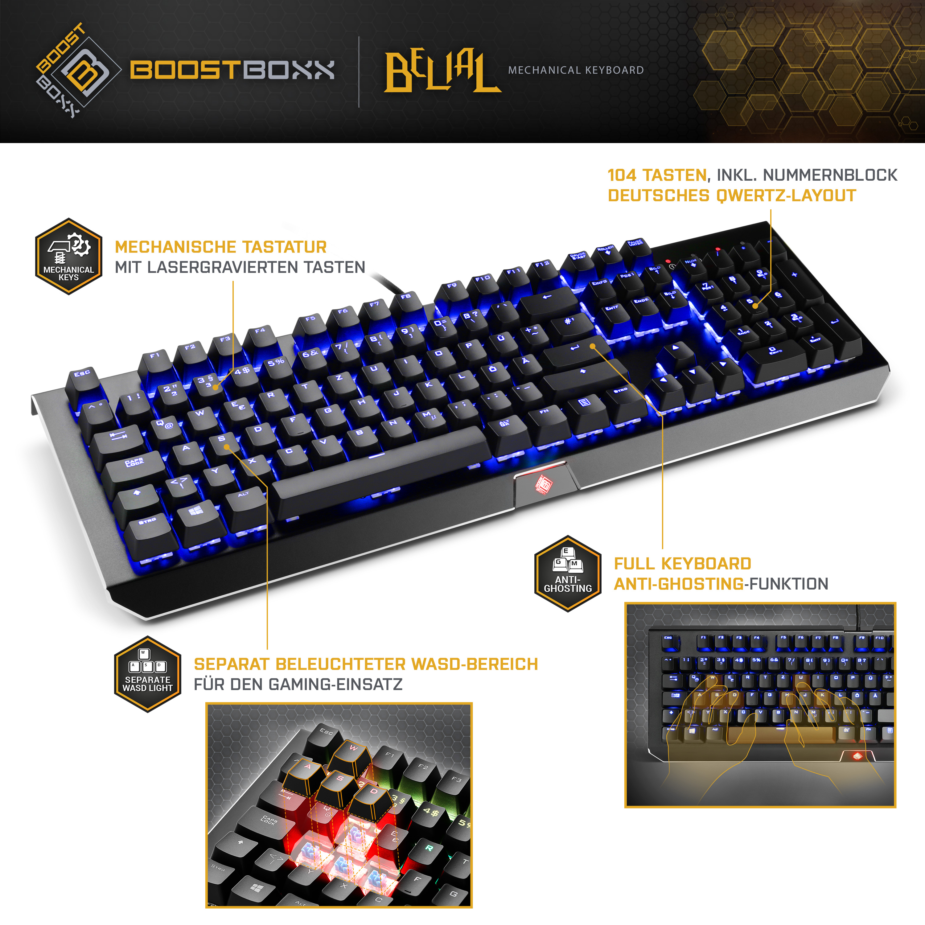 Schwarze mechanische Tastatur mit blauer Hintergrundbeleuchtung, zeigt Tasten und Layout.