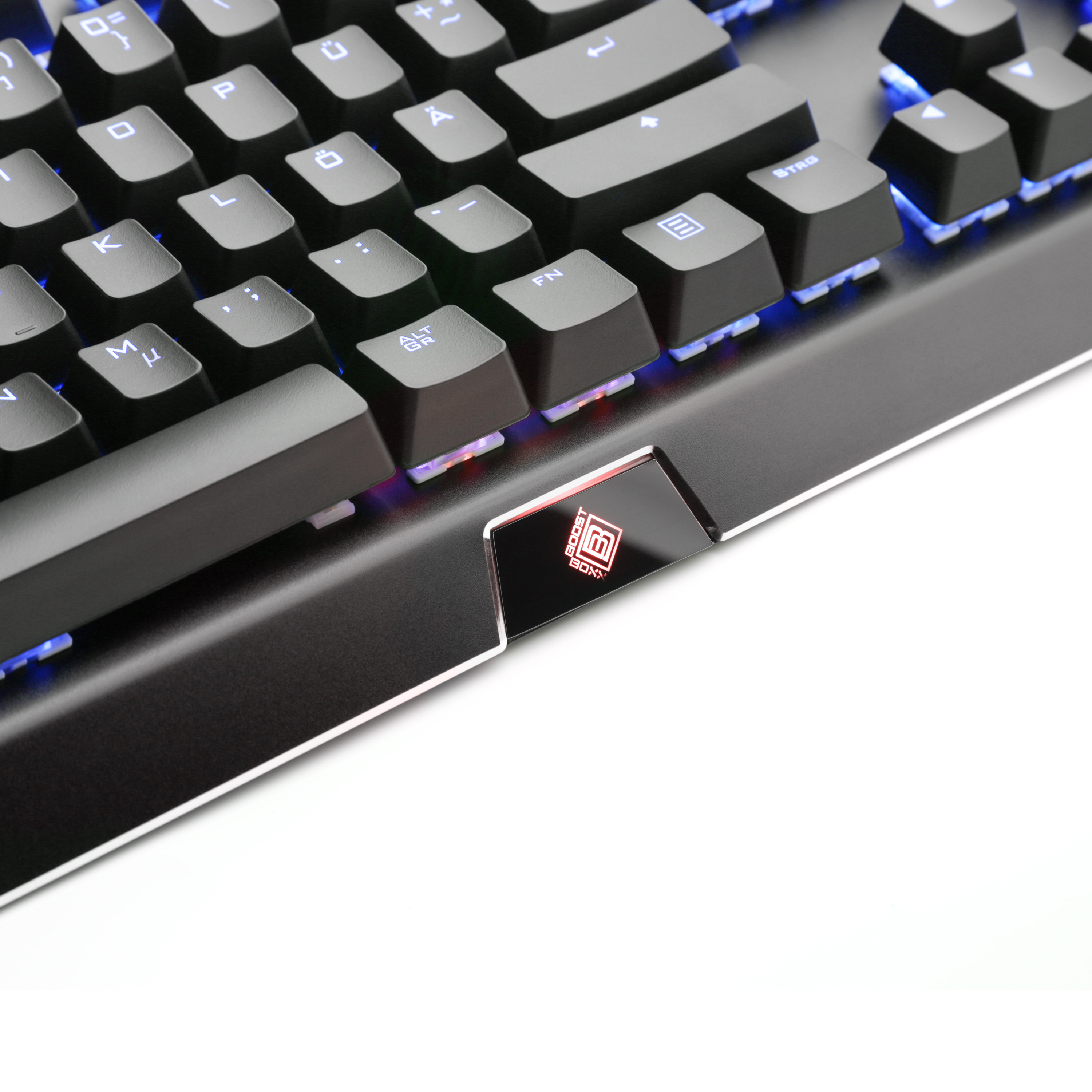 Tastatur, schwarze Tasten, blaue Hintergrundbeleuchtung, mit Logo und hervorgehobenen Tasten.