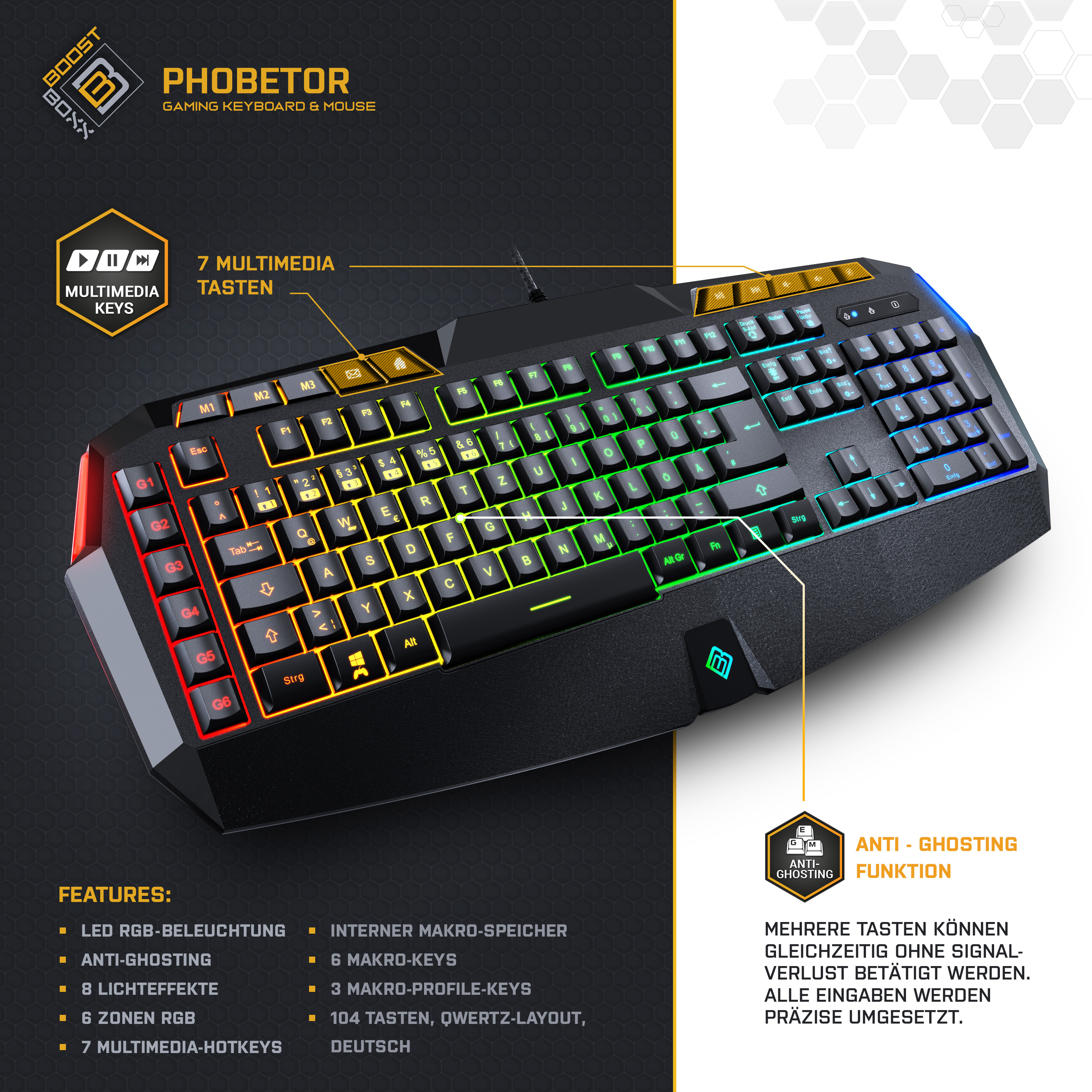 Gaming-Tastatur mit mehrfarbigen Tasten. Der Hintergrund ist verschwommen.