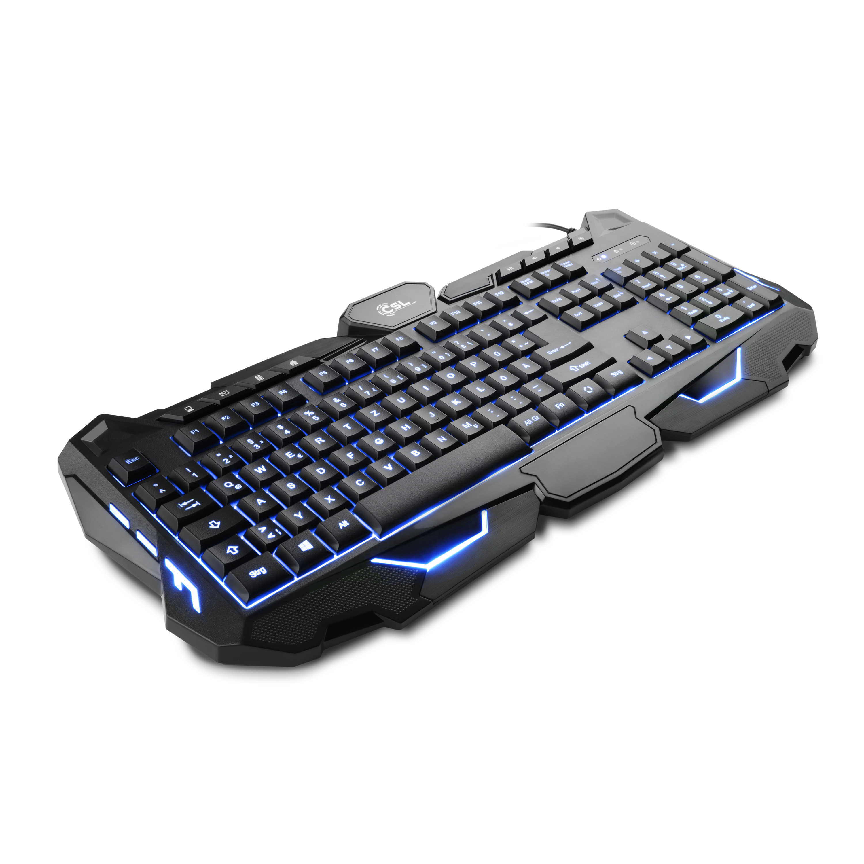 Eine schwarze Gaming-Tastatur mit blauen LED-Leuchten wird auf weißem Hintergrund gezeigt, wobei die Tasten zu sehen sind.