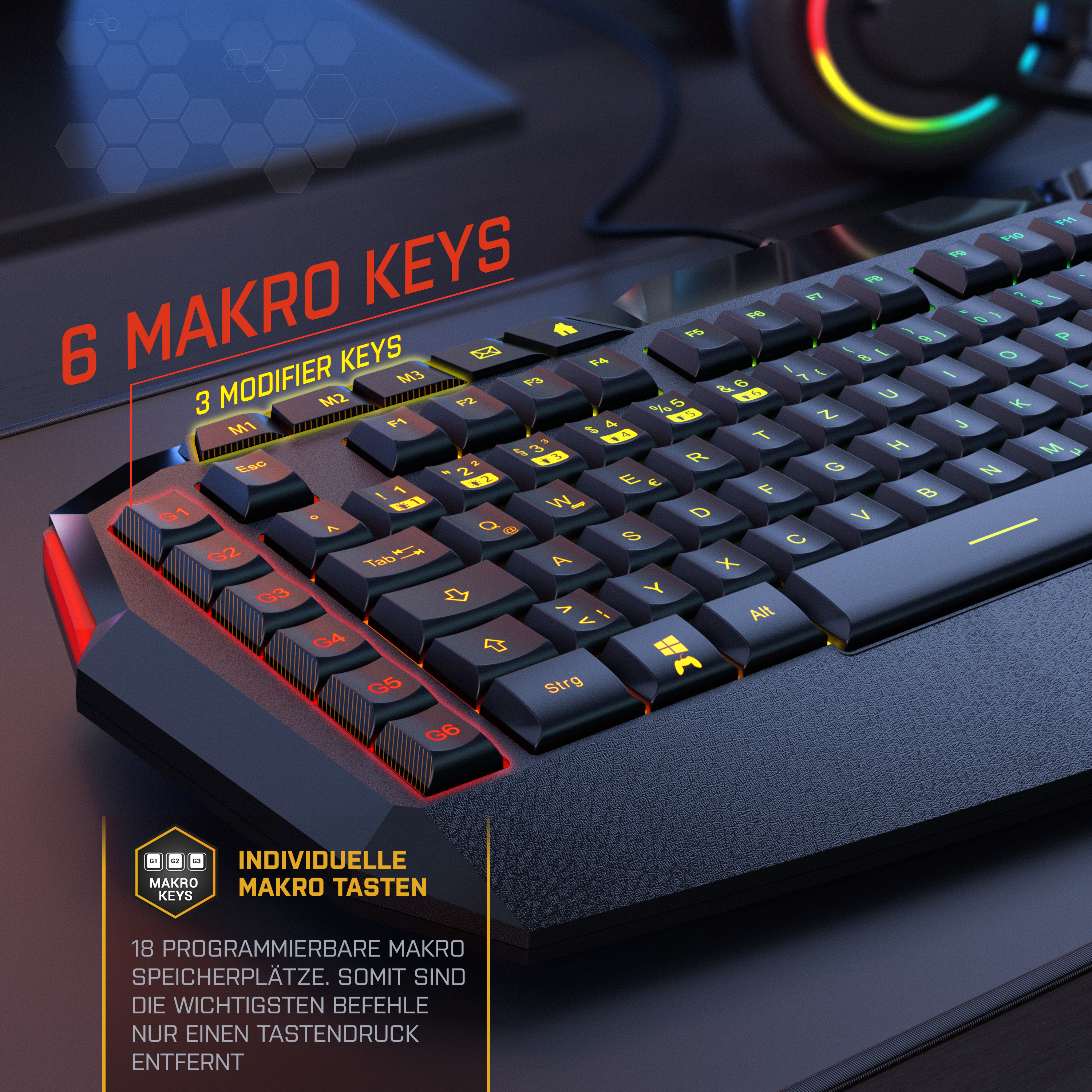 Gaming-Tastatur mit Makrotasten. Gelbe und rote Tasten, mit Makrotasten links.