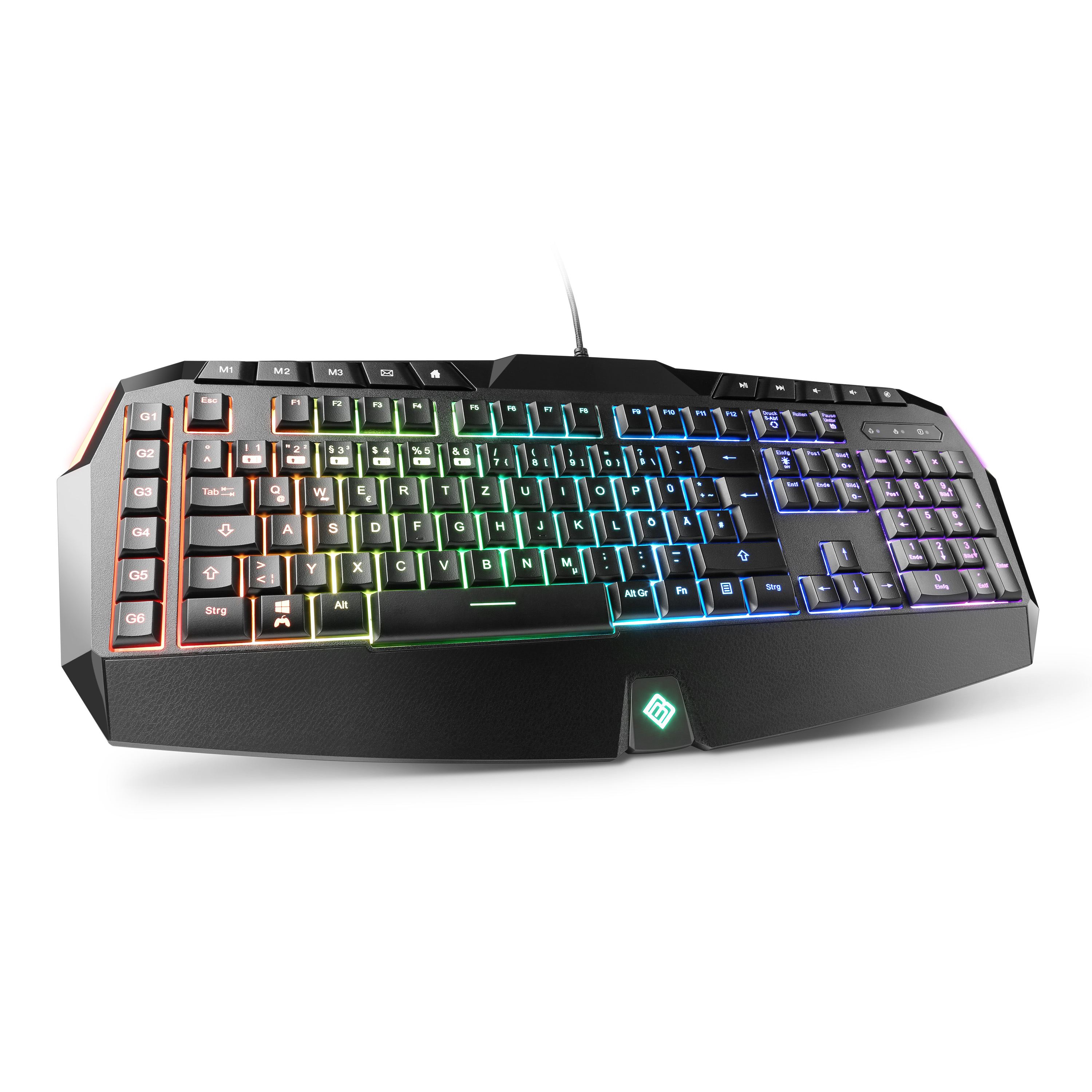 Schwarze Gaming-Tastatur mit farbigen, hintergrundbeleuchteten Tasten. Abgewinkeltes Design, mehrere Funktionstasten.