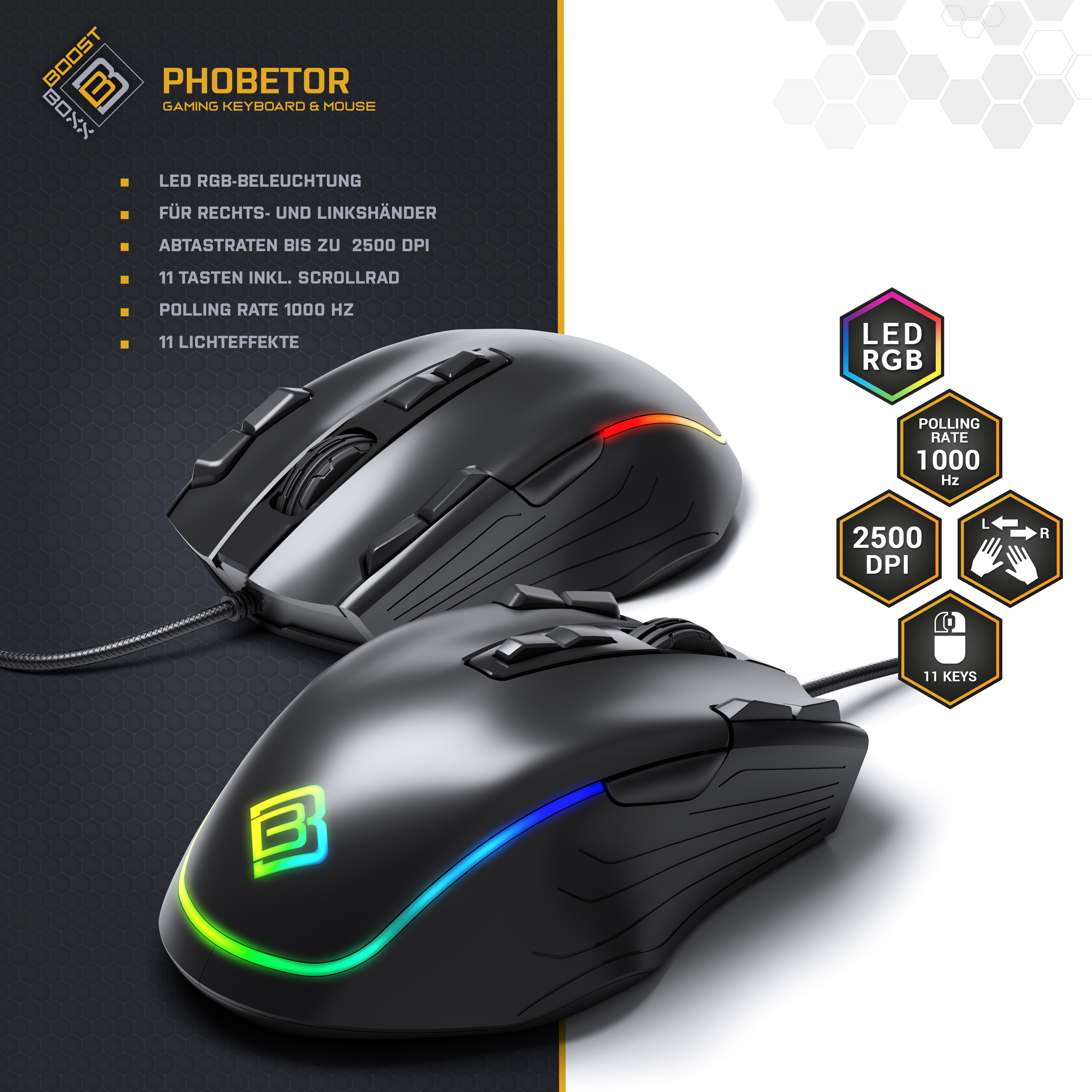Zwei schwarze Gaming-Mäuse, eine mit RGB-Beleuchtung und eine mit Regenbogenbeleuchtung, auf schwarzem Untergrund.