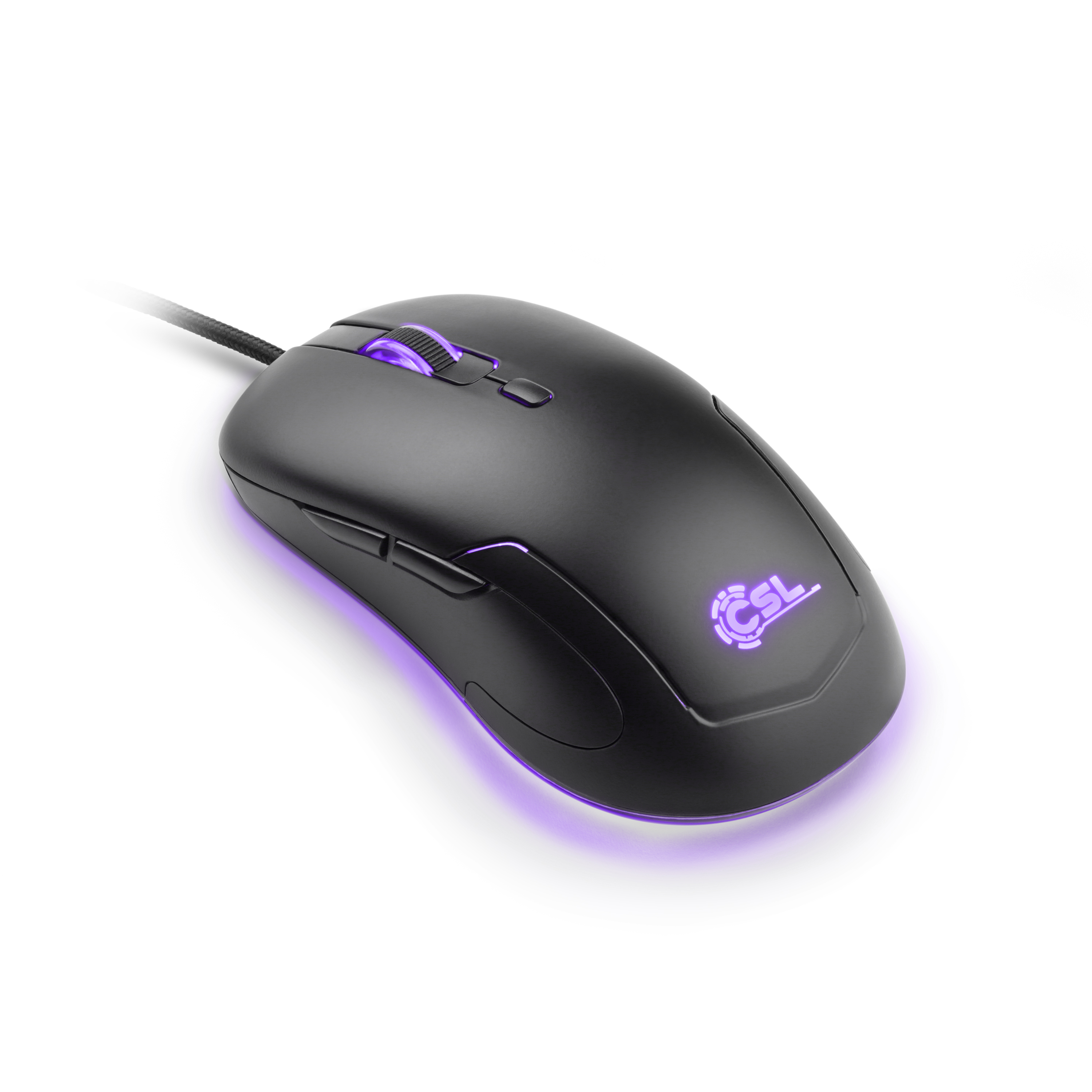 Eine schwarze Gaming-Maus mit violetter Beleuchtung und einem CSL-Logo.
