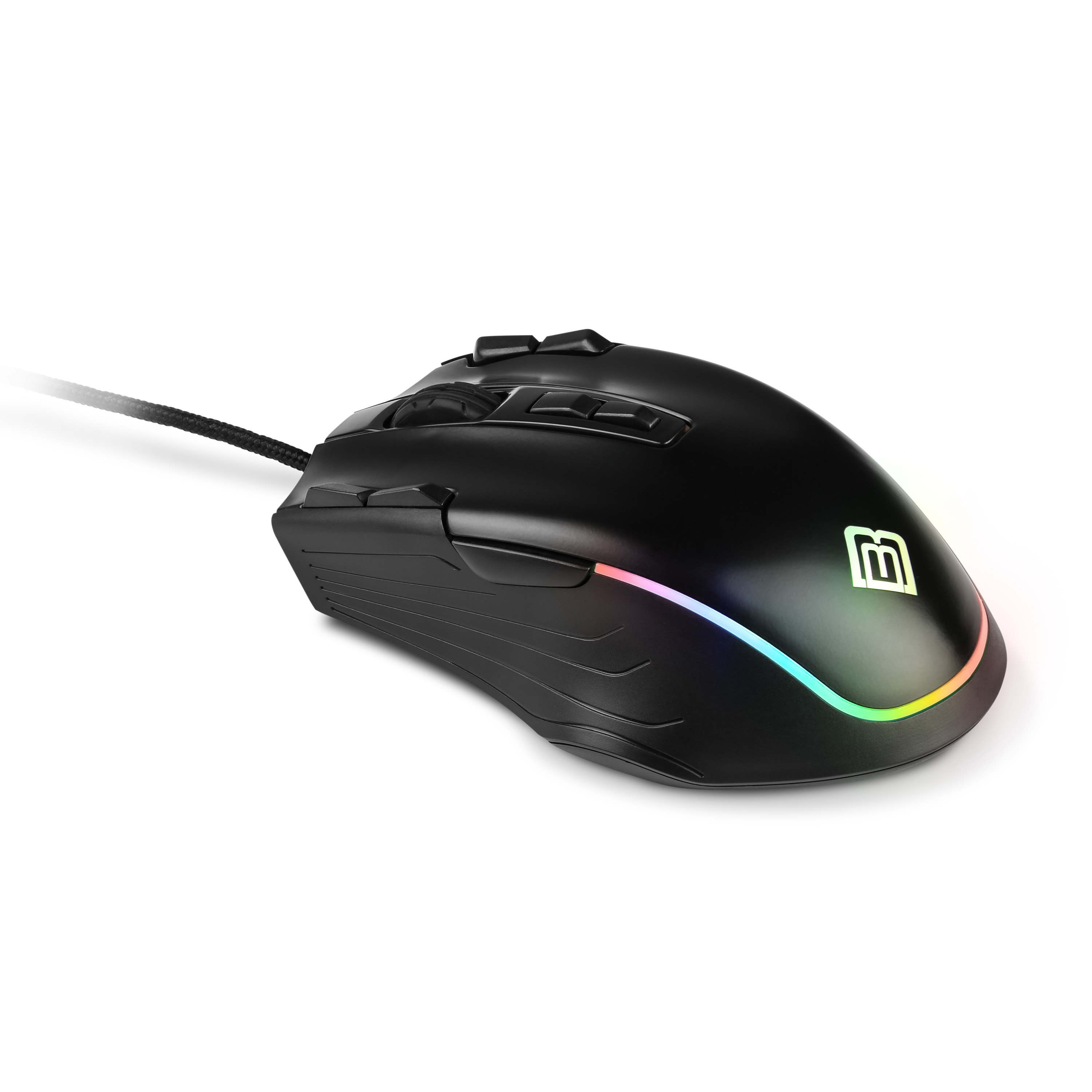 Schwarze Gaming-Maus mit RGB-Beleuchtung.