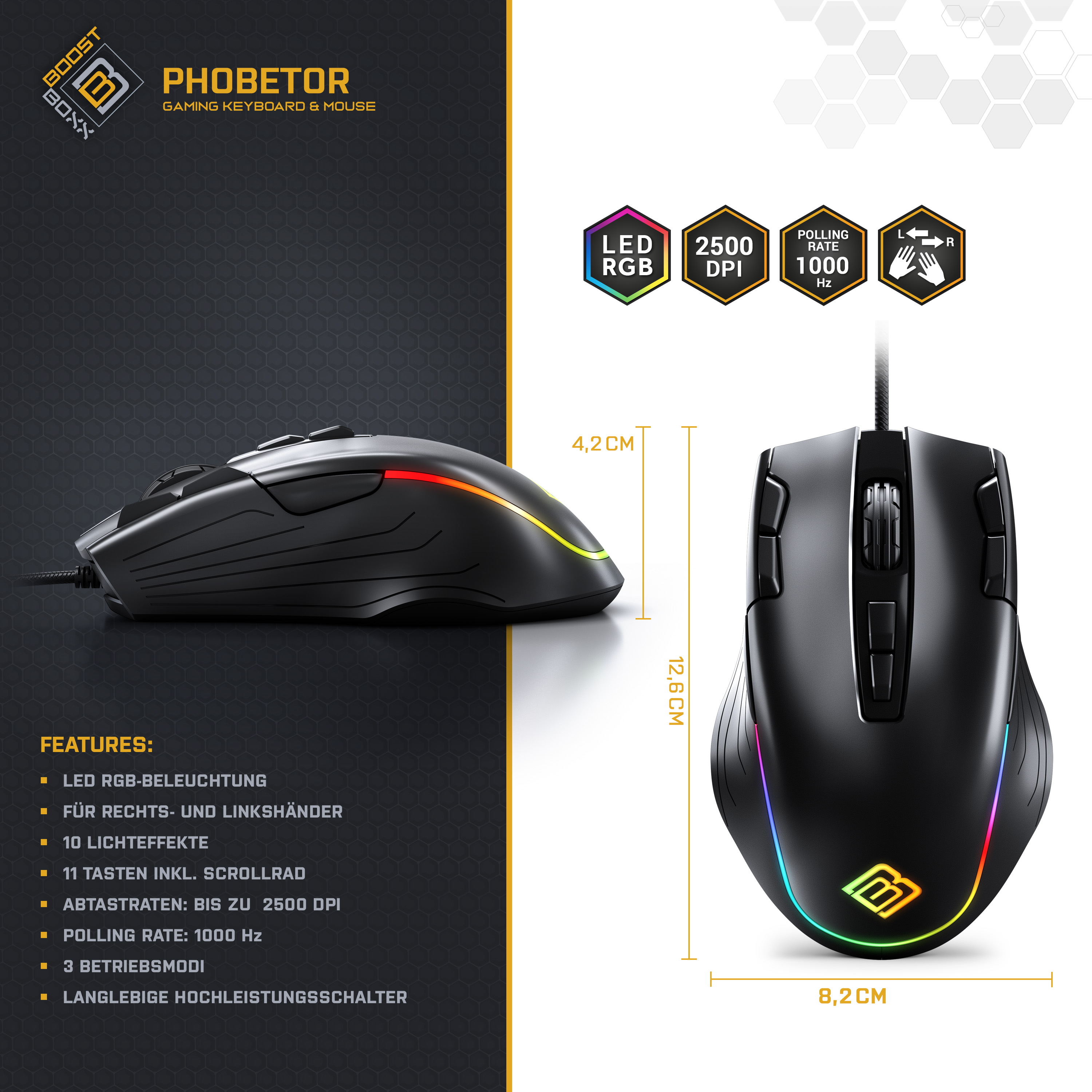 Eine Gaming-Maus mit LED-Leuchten, die ihr Design und ihre Funktionen zeigt, mit Messungen.