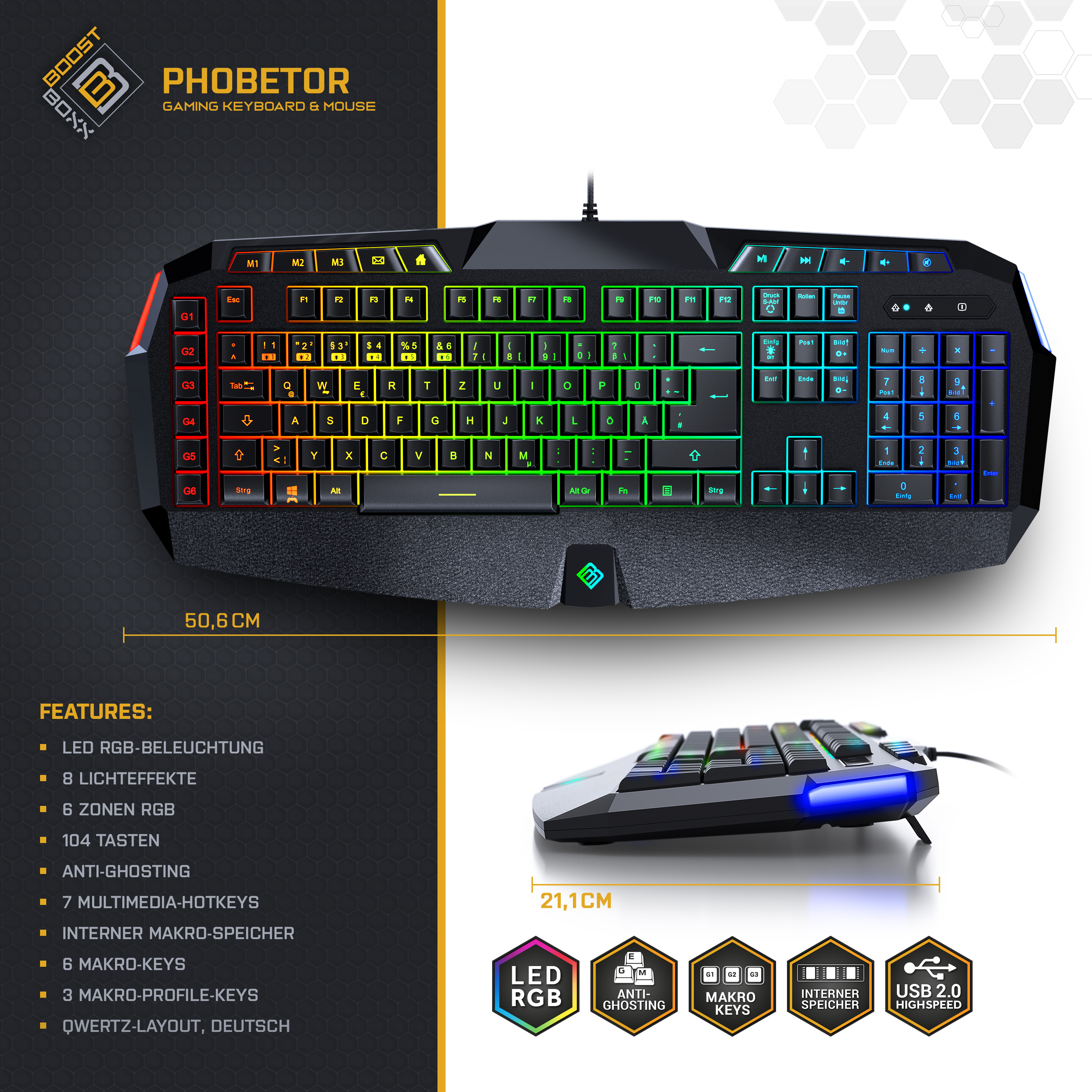Eine Gaming-Tastatur und Maus-Kombination mit RGB-Beleuchtung, mit Tasten, Lichtern und einer Maus rechts.