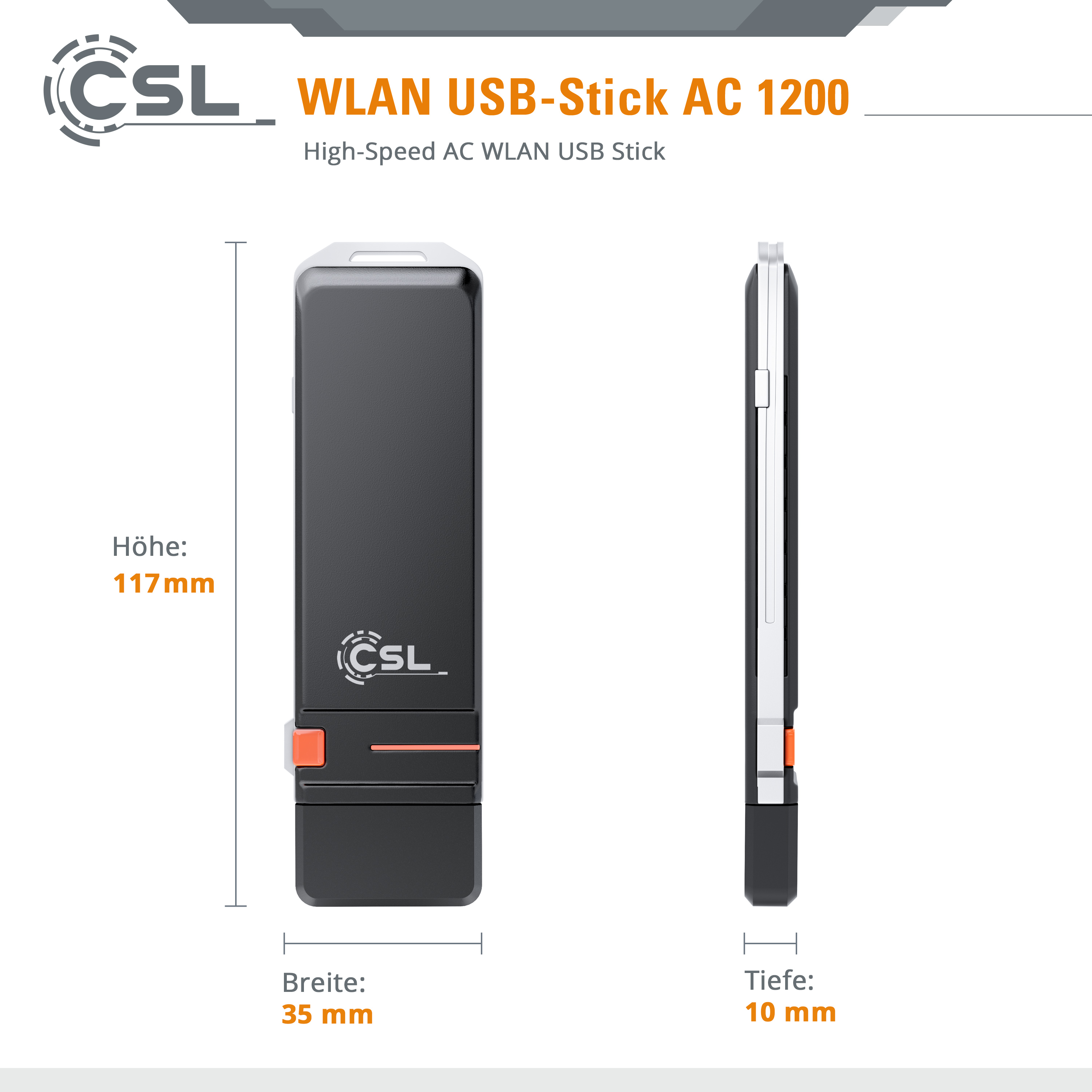 WLAN-USB-Stick mit Abmessungen. Schwarz-oranges Farbschema.
