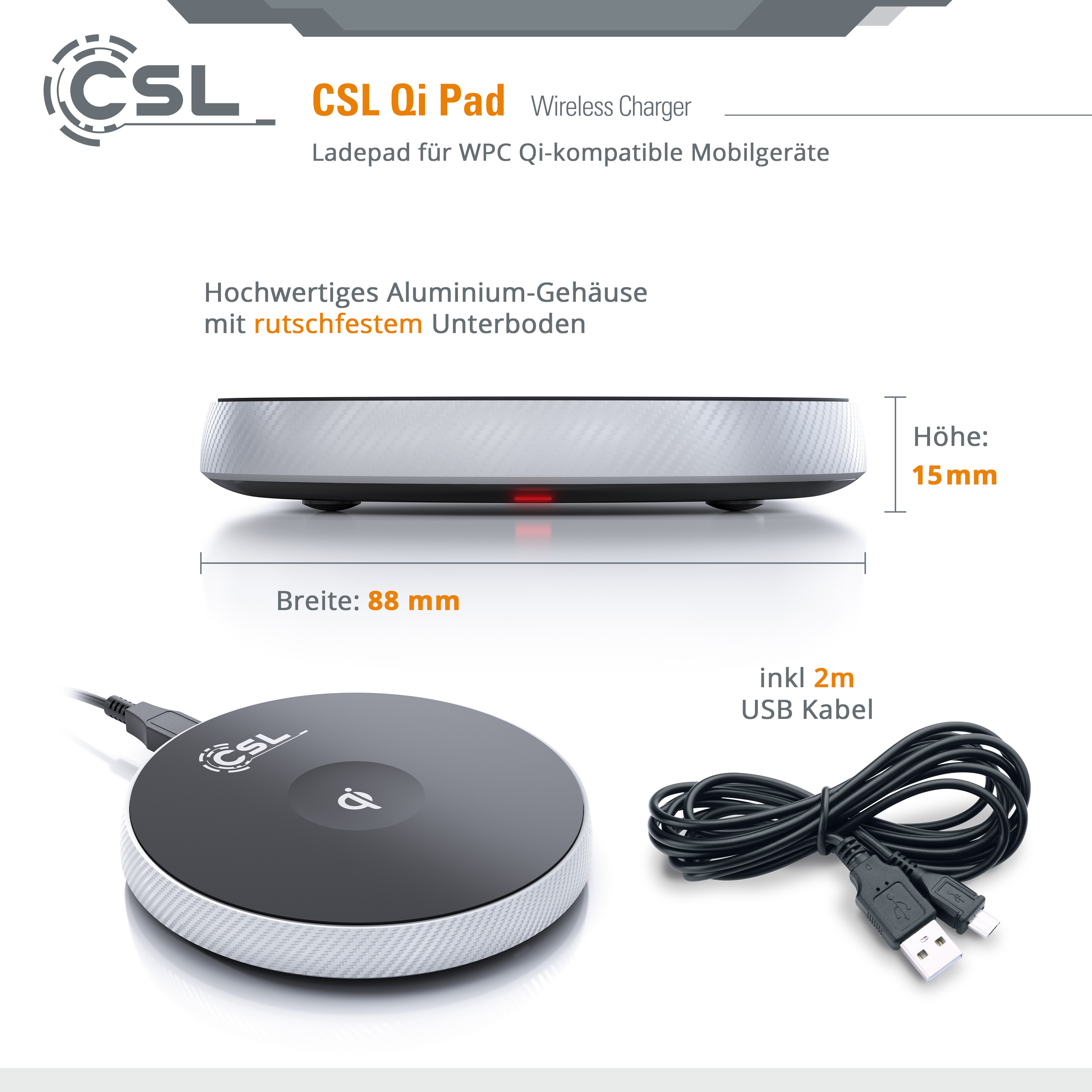 Ein schwarz-weißes kabelloses Ladepad mit USB-Kabel und Text, der Abmessungen und Funktionen angibt.