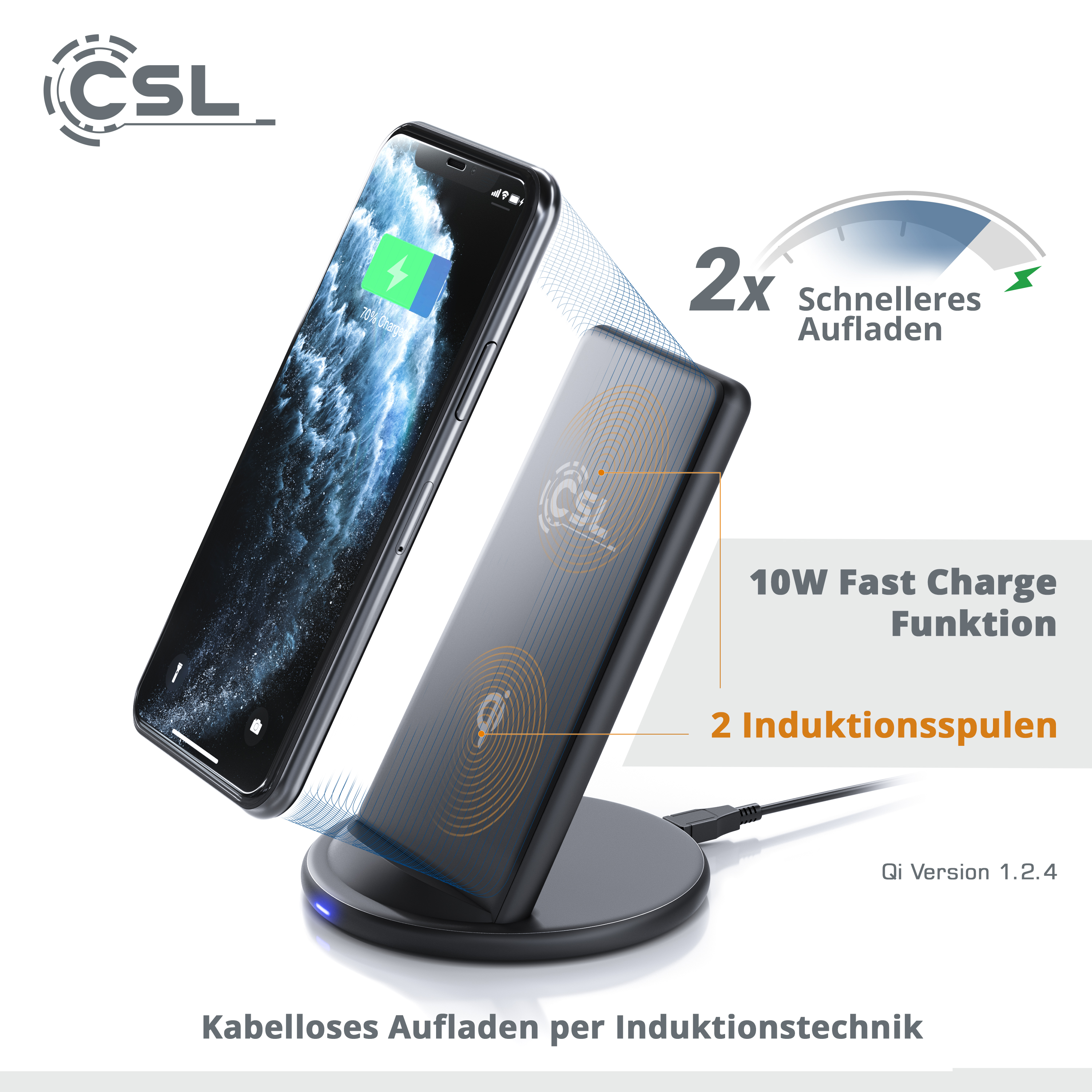 Kabelloses Ladepad lädt ein Telefon, mit einem zweiten Telefon links.