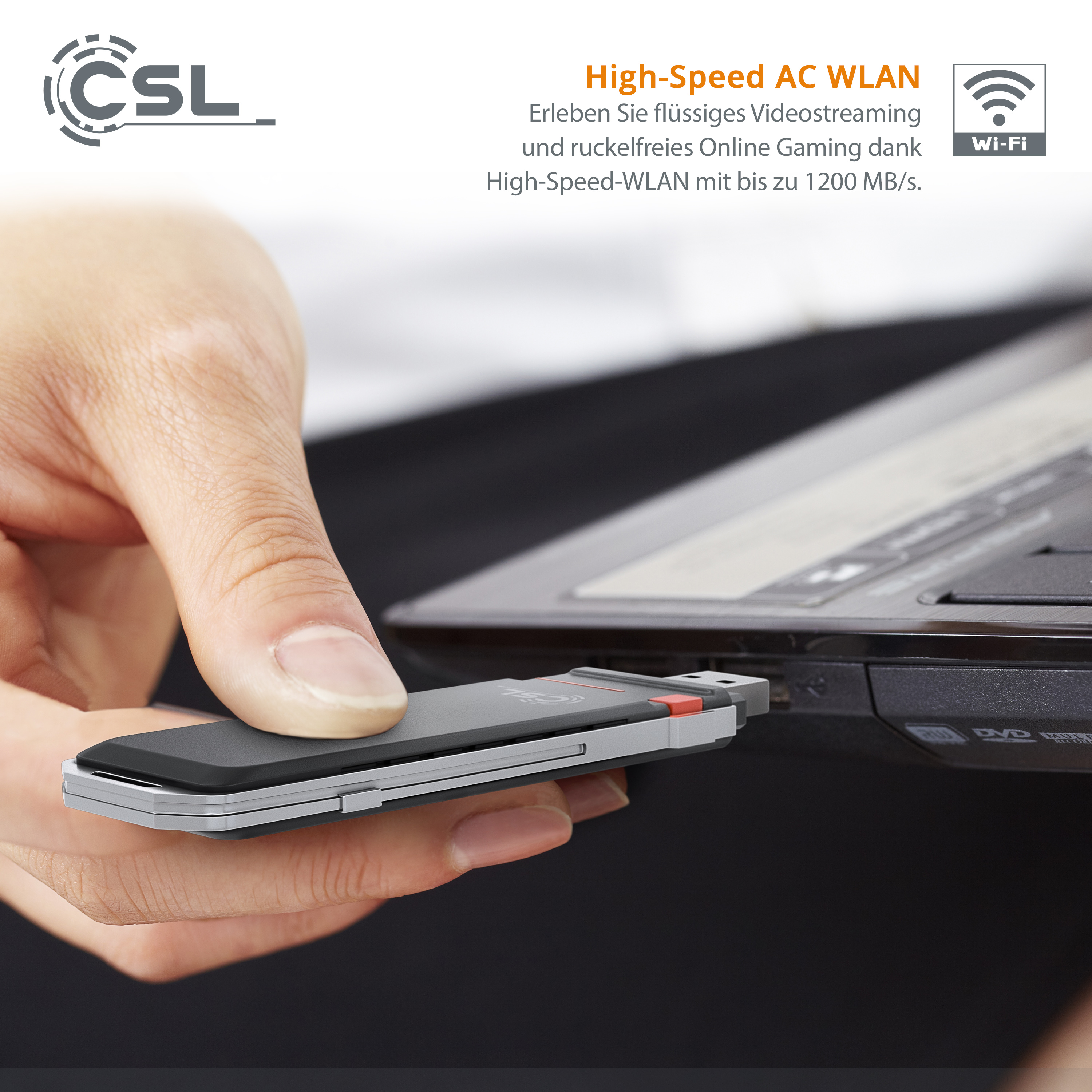 Eine Hand steckt einen drahtlosen USB-Adapter in einen Laptop. Text auf Deutsch erklärt High-Speed-WLAN.