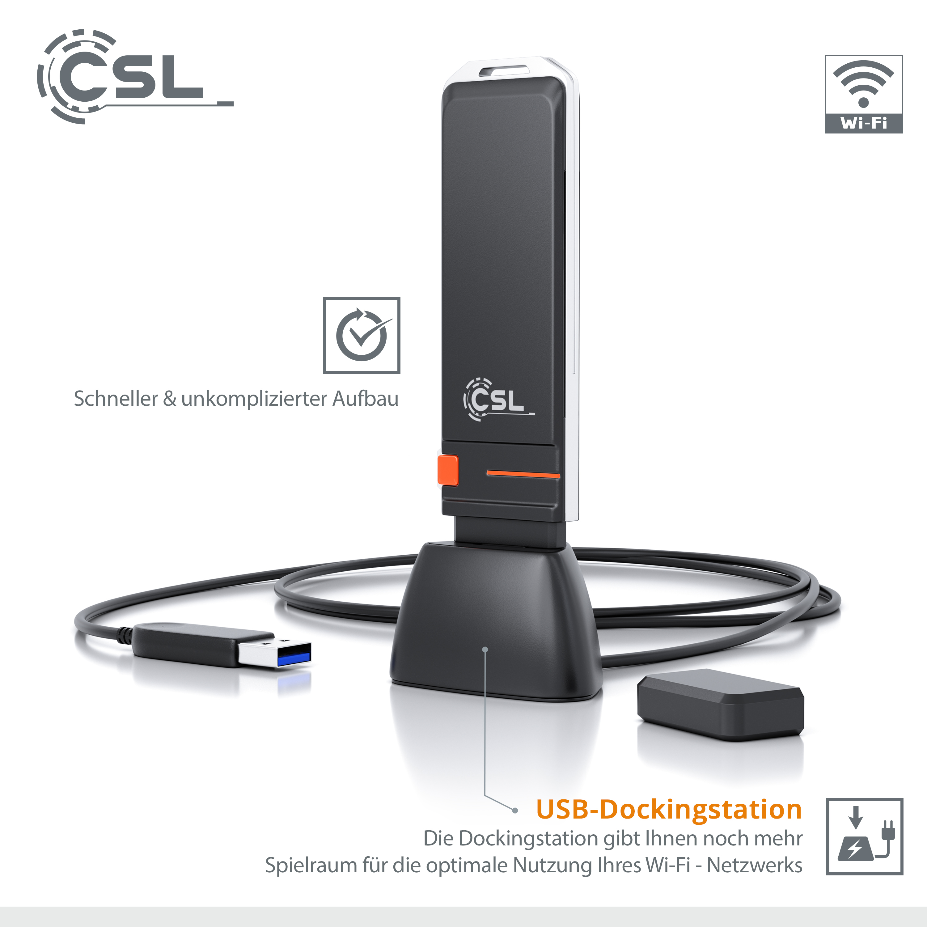 Schwarze und graue USB-Dockingstation mit Kabeln und Wi-Fi-Symbol.