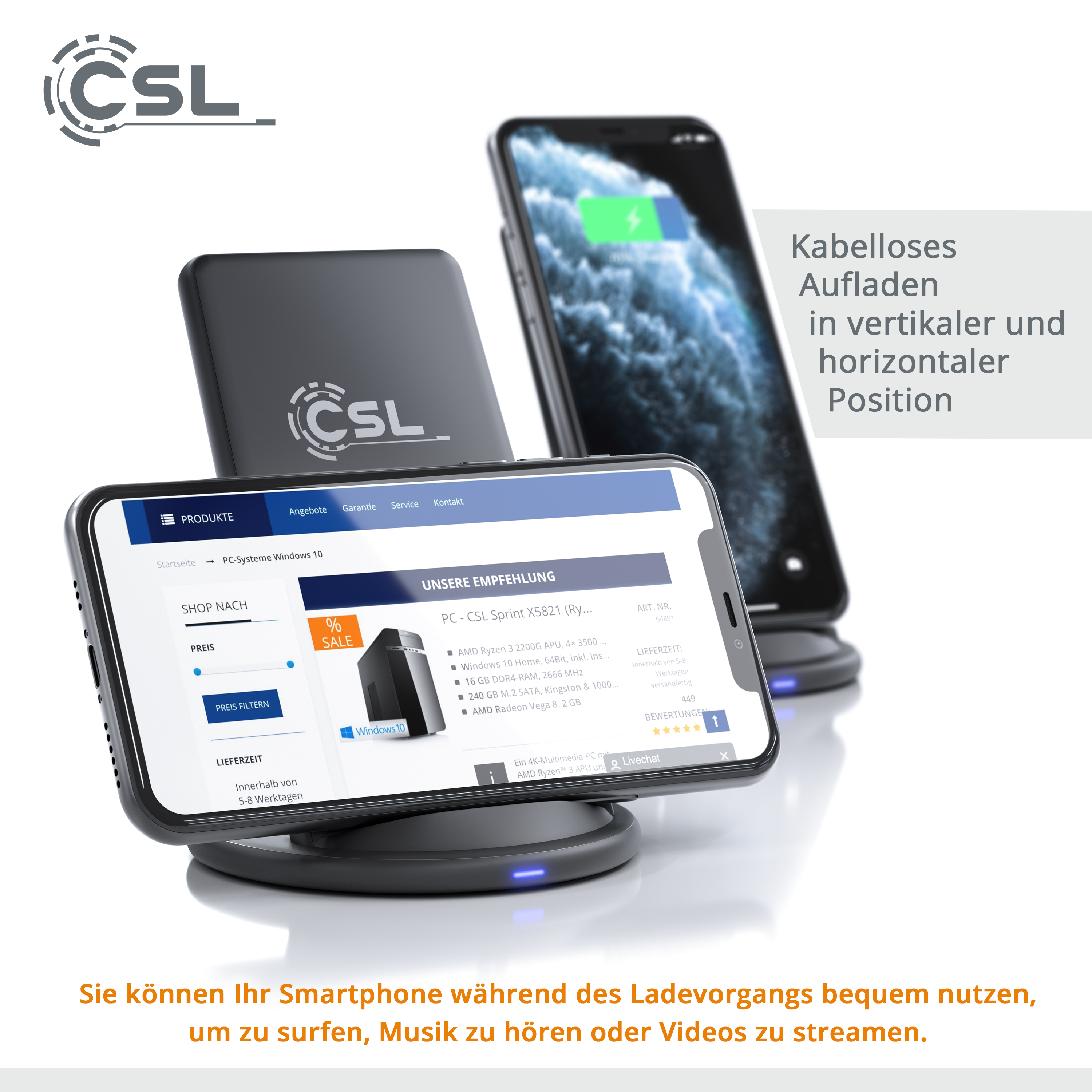 Zwei Telefone auf kabellosen Ladegeräten. Eins lädt. Beschreibung des kabellosen Ladens.