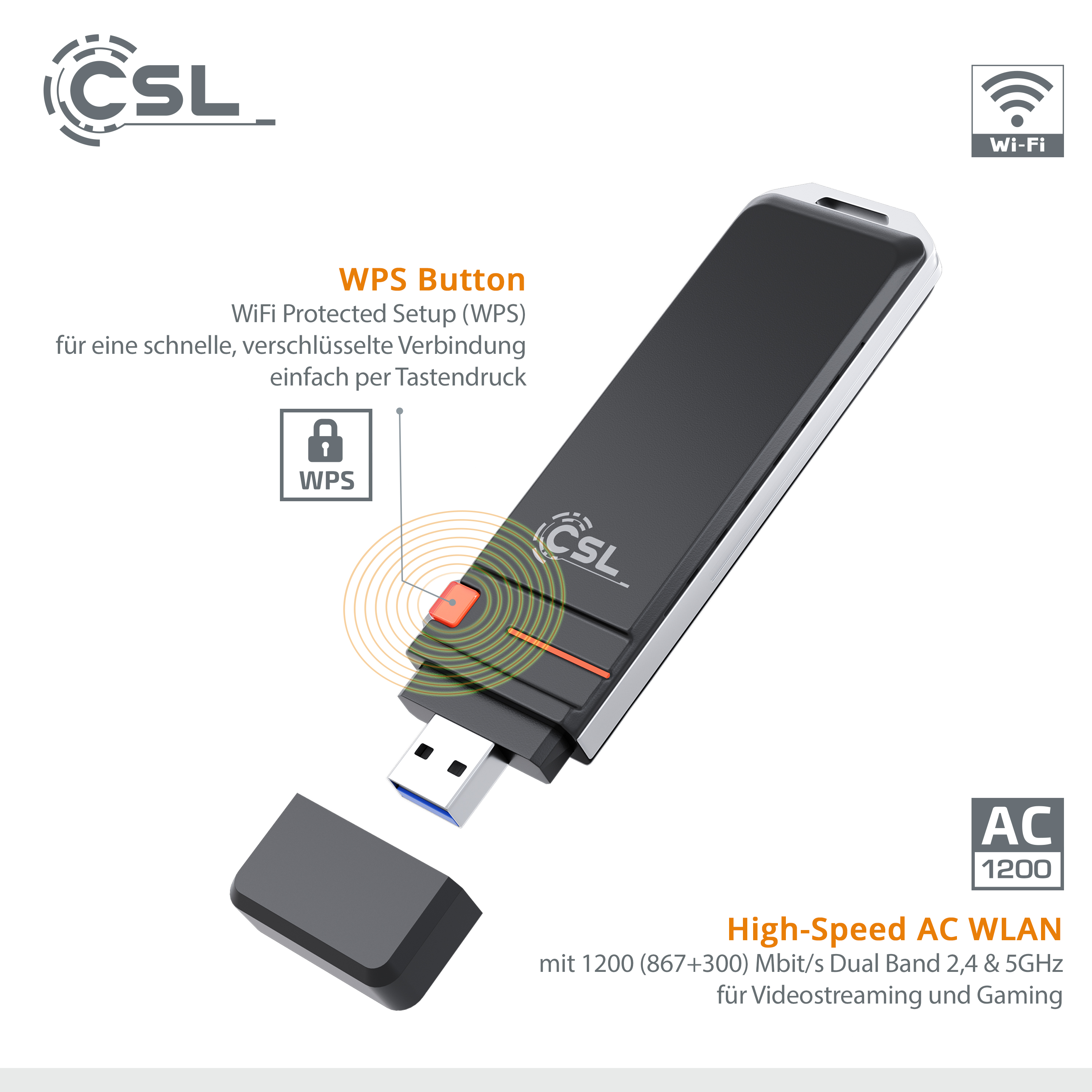 Schwarzer CSL WLAN-Adapter mit USB, WPS-Taste und High-Speed AC WLAN-Info.
