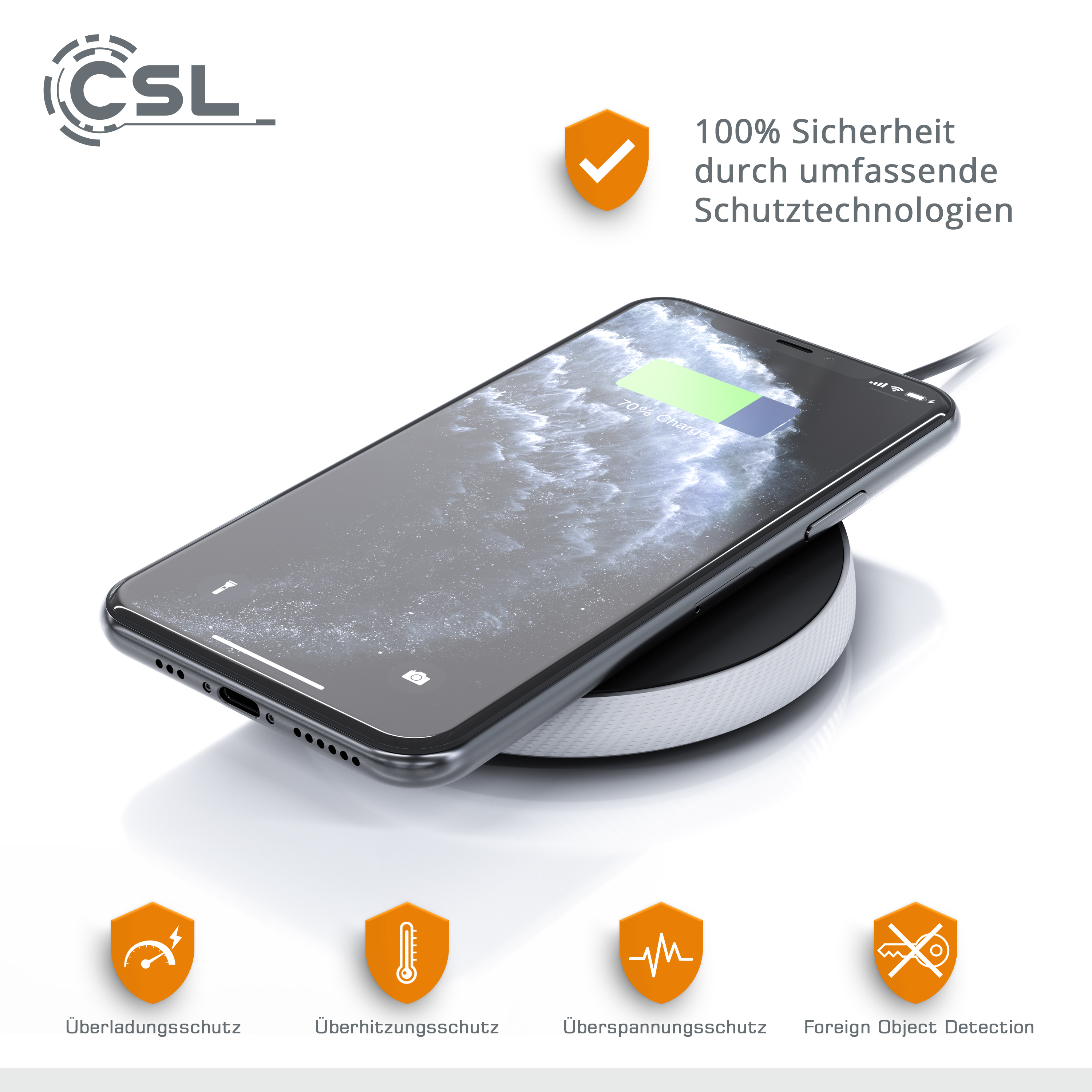Ein schwarzes Telefon, das auf einem kabellosen Ladegerät geladen wird. Der Hintergrund hat Logos und Text.