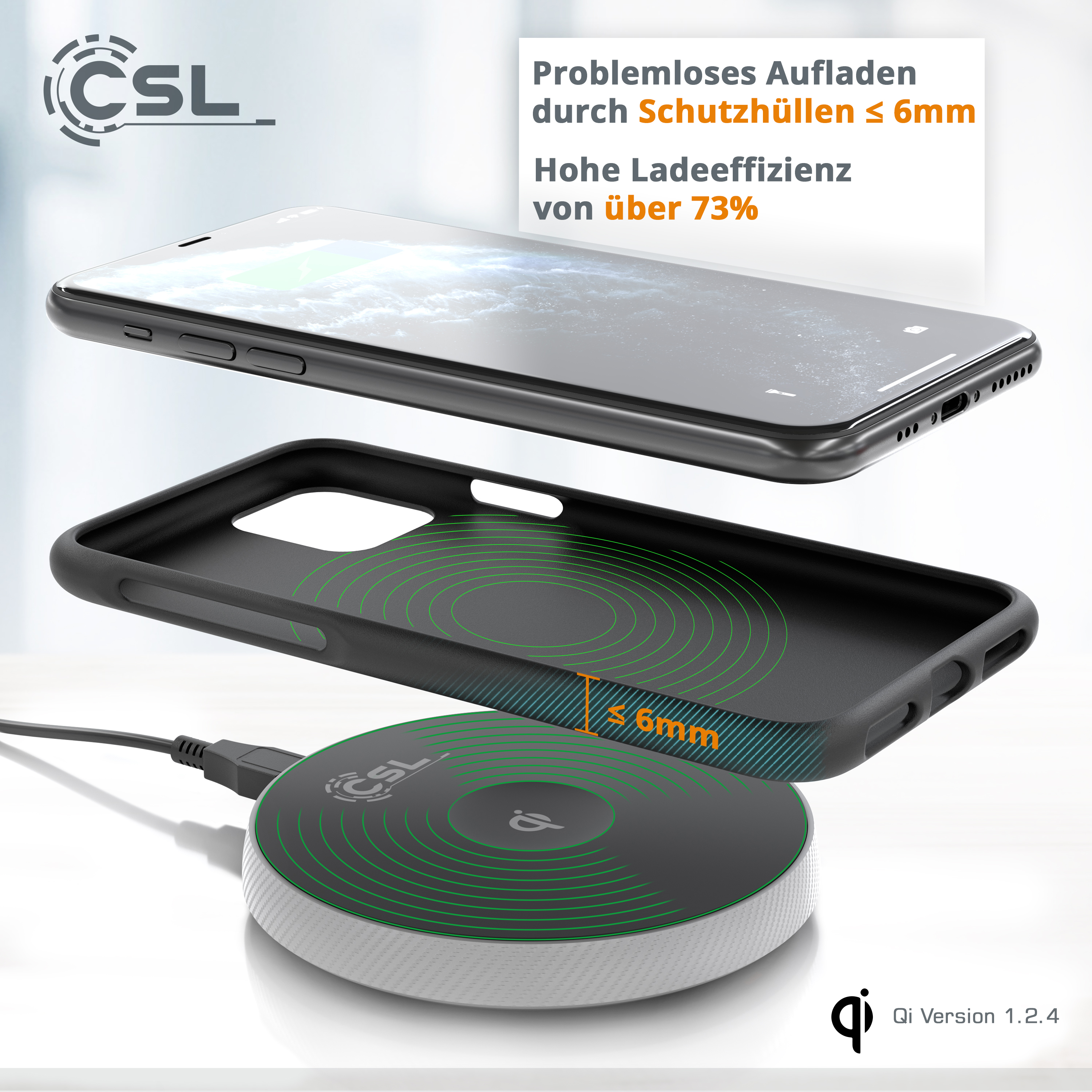 Ein Telefon, das kabellos aufgeladen wird. Eine schwarze Hülle auf einem Ladepad. Text zur Ladeeffizienz.