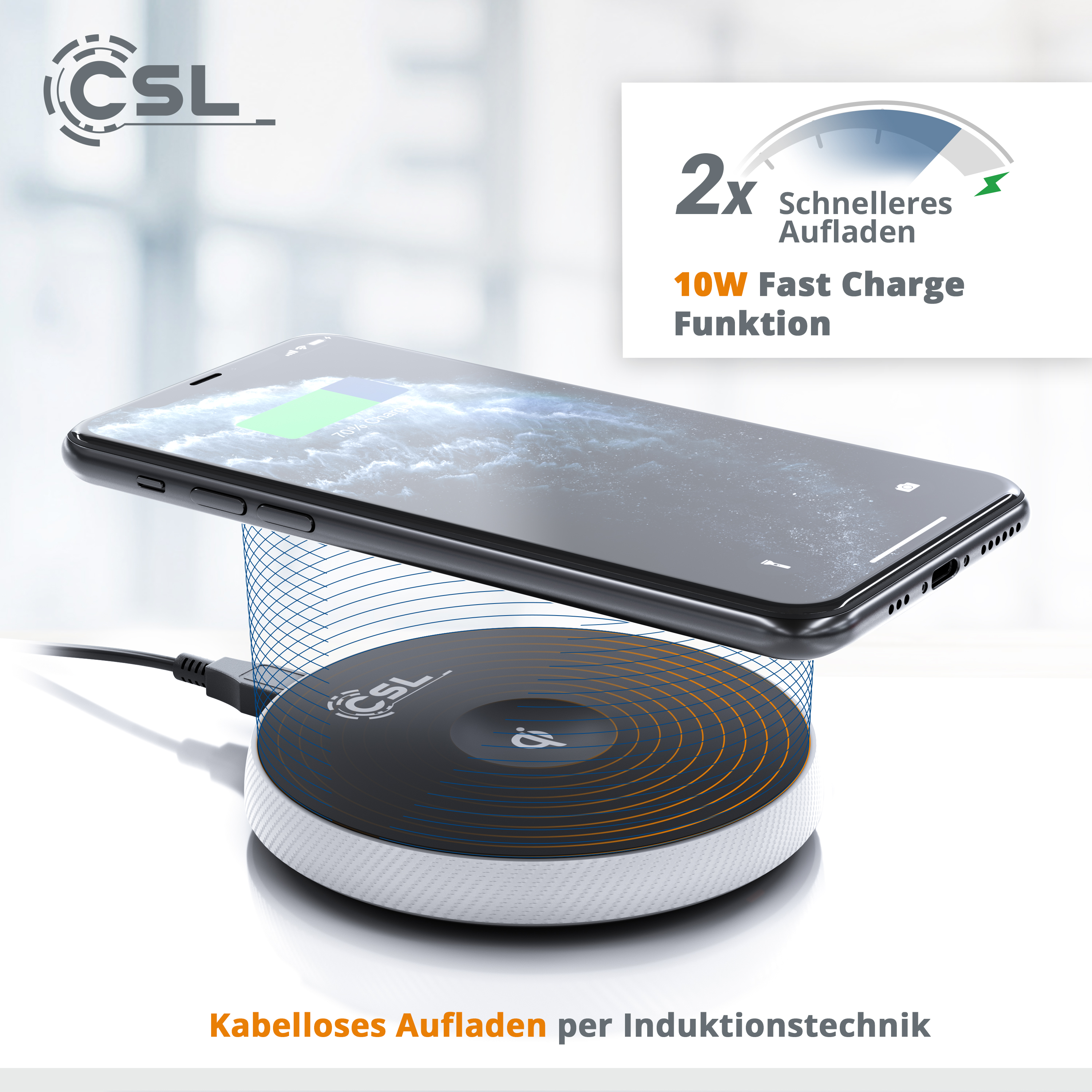 Schwarzes Telefon, das auf einem kabellosen Ladegerät geladen wird. Text: '2x schnelleres Aufladen'. Weißer Hintergrund.