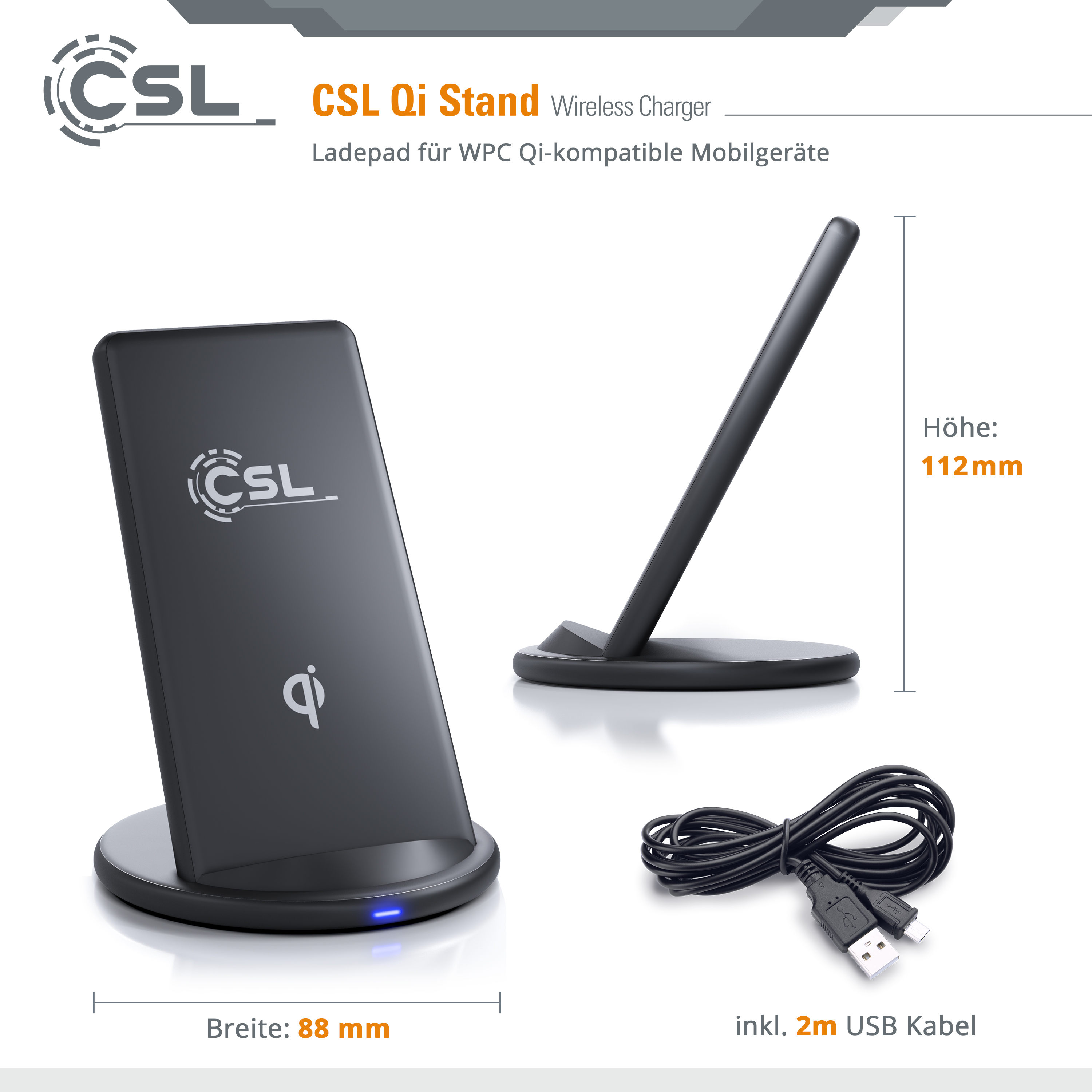 Schwarzer kabelloser Ladeständer mit USB-Kabel und beschrifteten Abmessungen. Der Ständer hat ein Logo.
