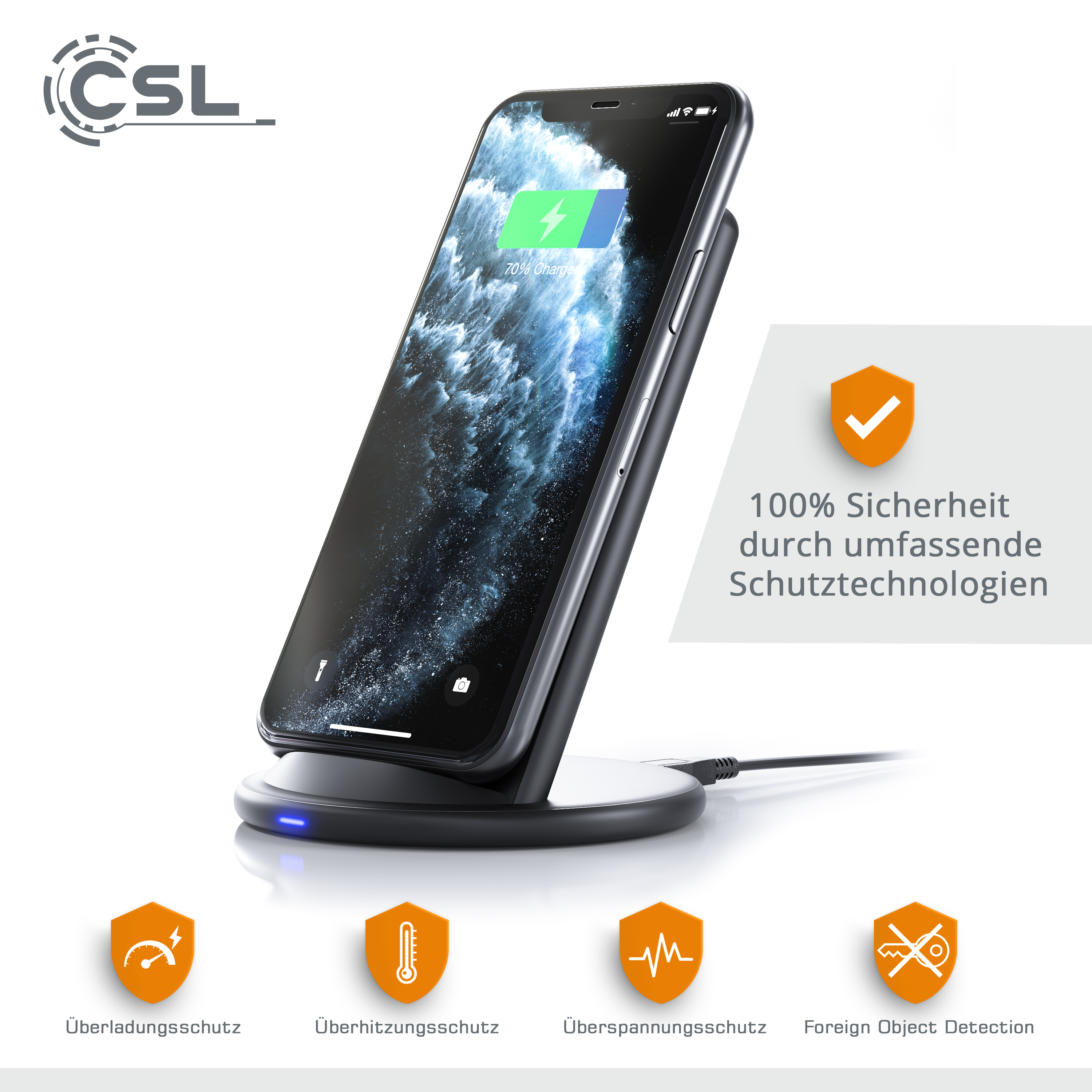 Ein Telefon auf einem kabellosen Ladegerät. Zeigt den Ladestatus an. Verschiedene Symbole zeigen Sicherheitsmerkmale. CSL-Logo oben.