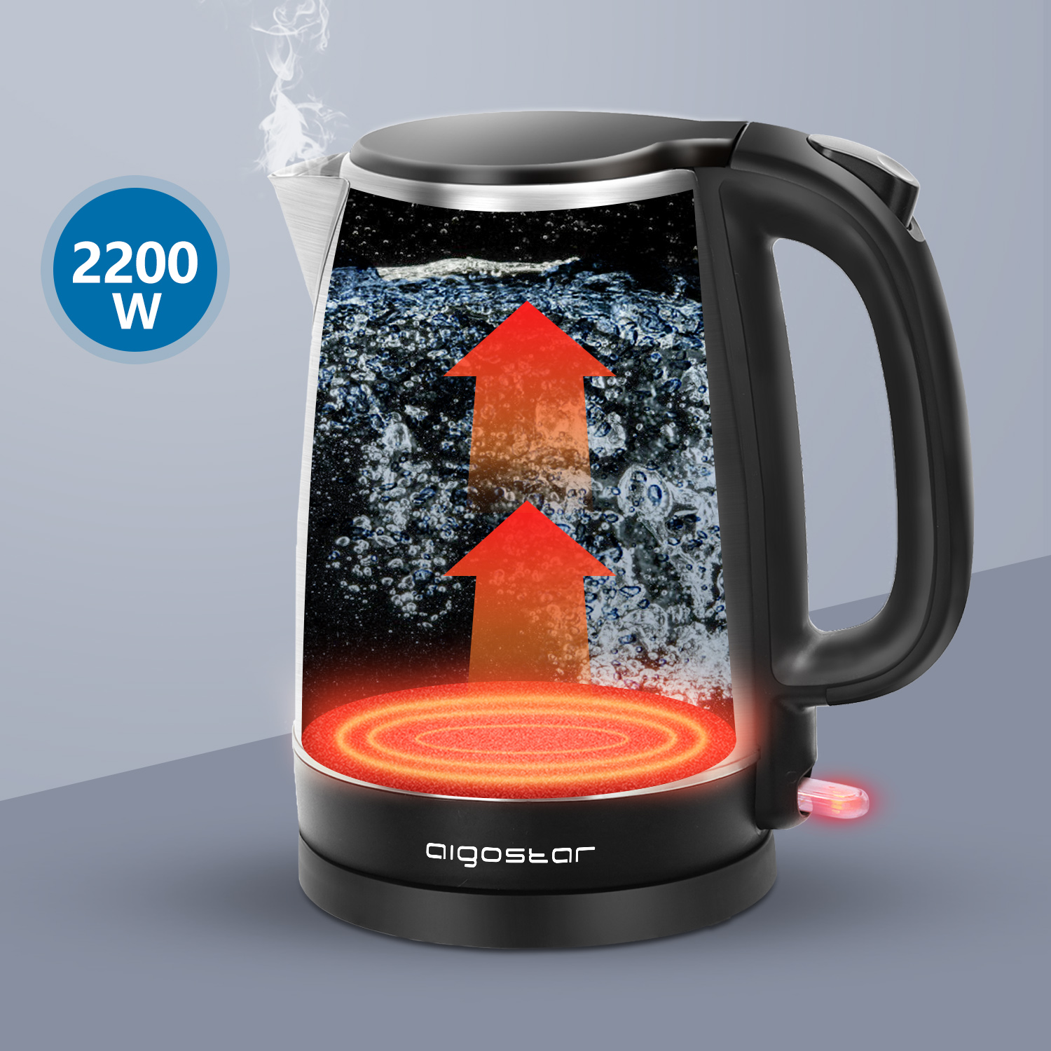 Una tetera eléctrica con vista seccionada que muestra agua hirviendo y elementos calefactores, con indicador.