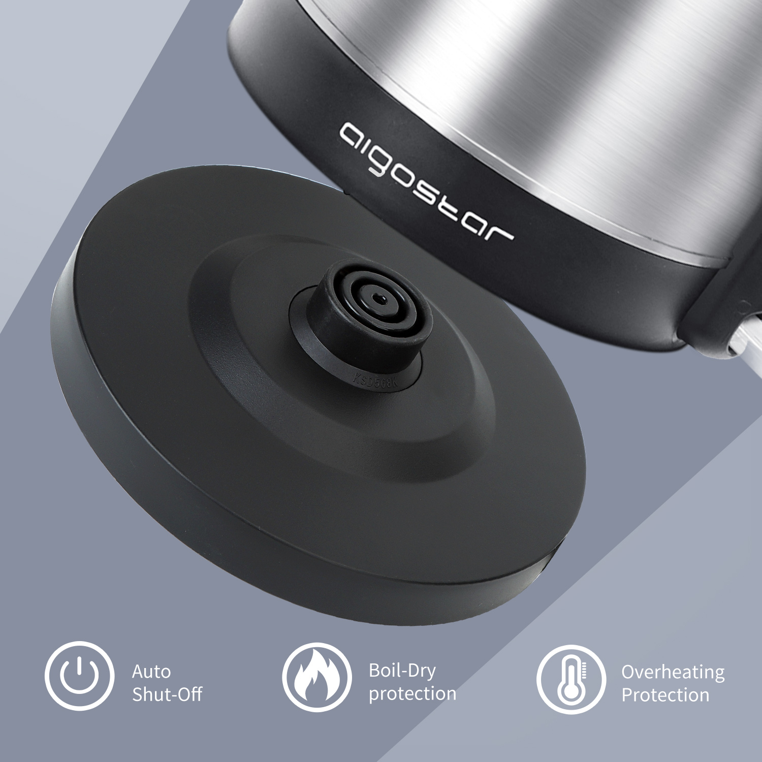 Base del bollitore elettrico nero con parte superiore nera. Icone per spegnimento, protezione da ebollizione a secco.