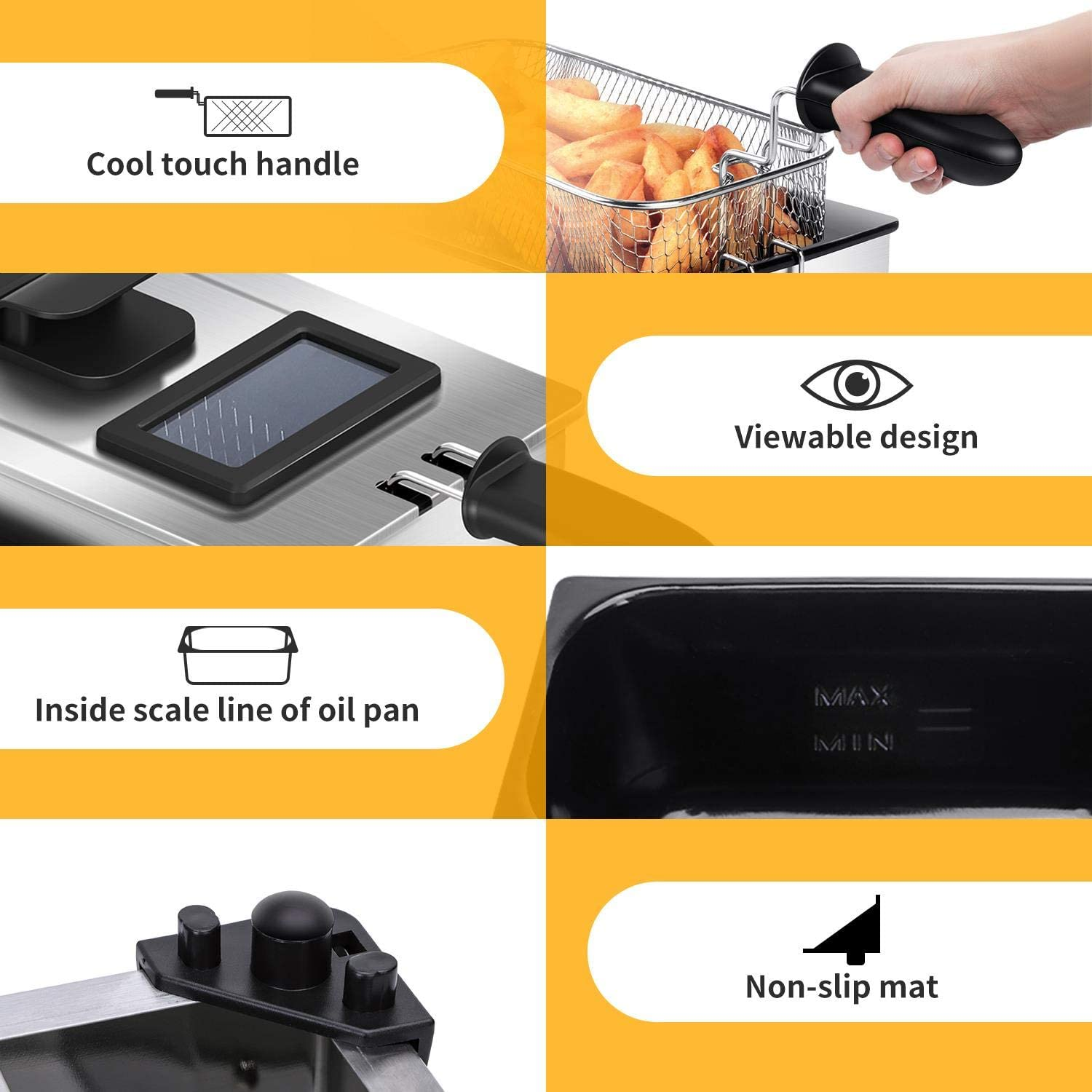 Kolaż pokazujący cechy frytownicy elektrycznej: uchwyt, frytki, widoczny design, patelnia na olej i mata antypoślizgowa.