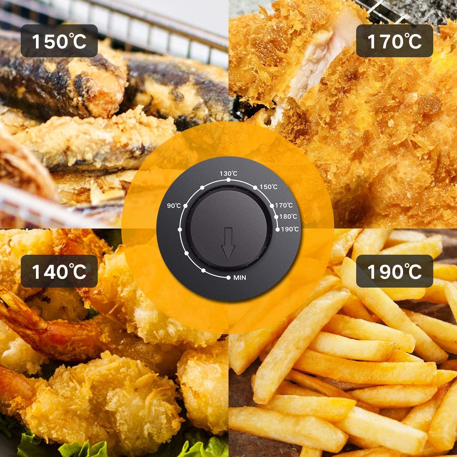 Frytownica powietrzna z różnymi potrawami i ustawieniami temperatury: 150°C, 170°C, 140°C, 190°C.