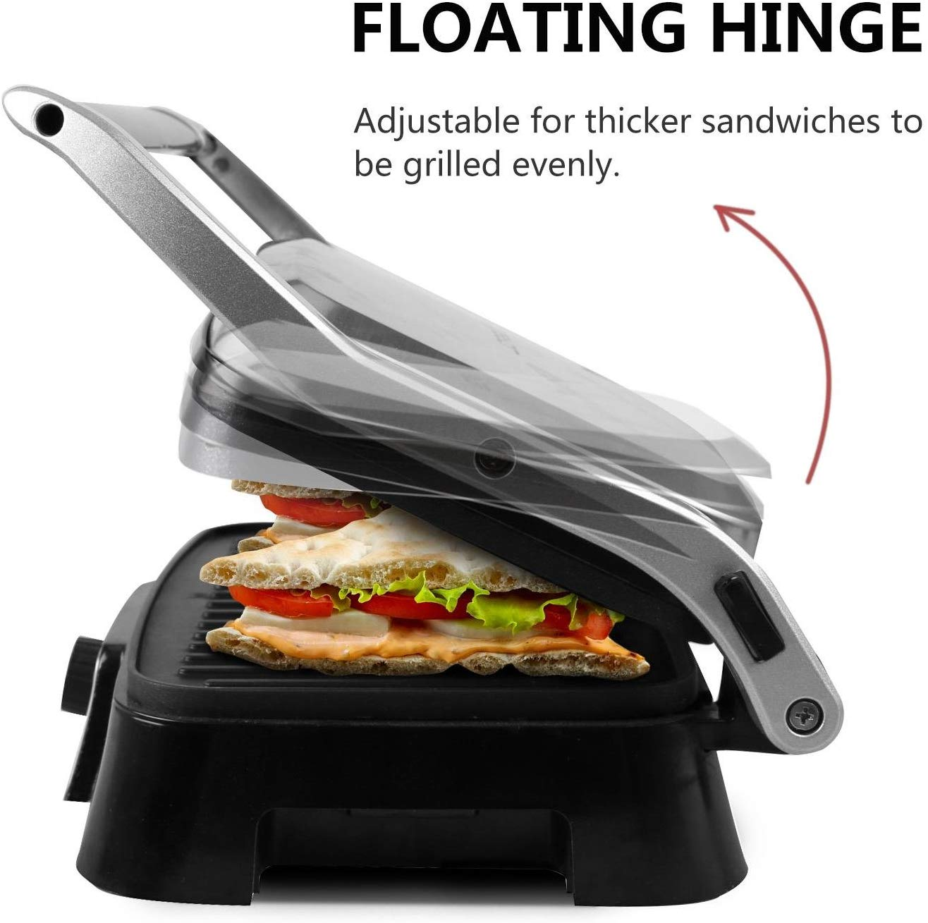 Griglia per sandwich con cerniera flottante. Il panino sta cuocendo. La freccia indica la cerniera flottante regolabile.
