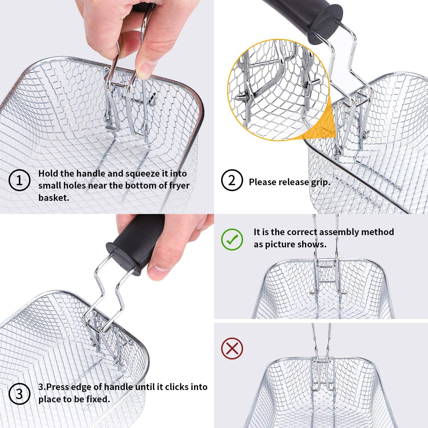 Kroki montażu uchwytu kosza do frytkownicy. Zawiera obrazy i instrukcje.