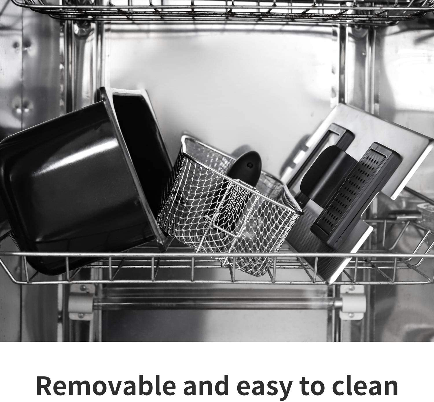 Szuflada zmywarki z wyjmowanymi częściami. Tekst brzmi: Wyjmowane i łatwe do czyszczenia.