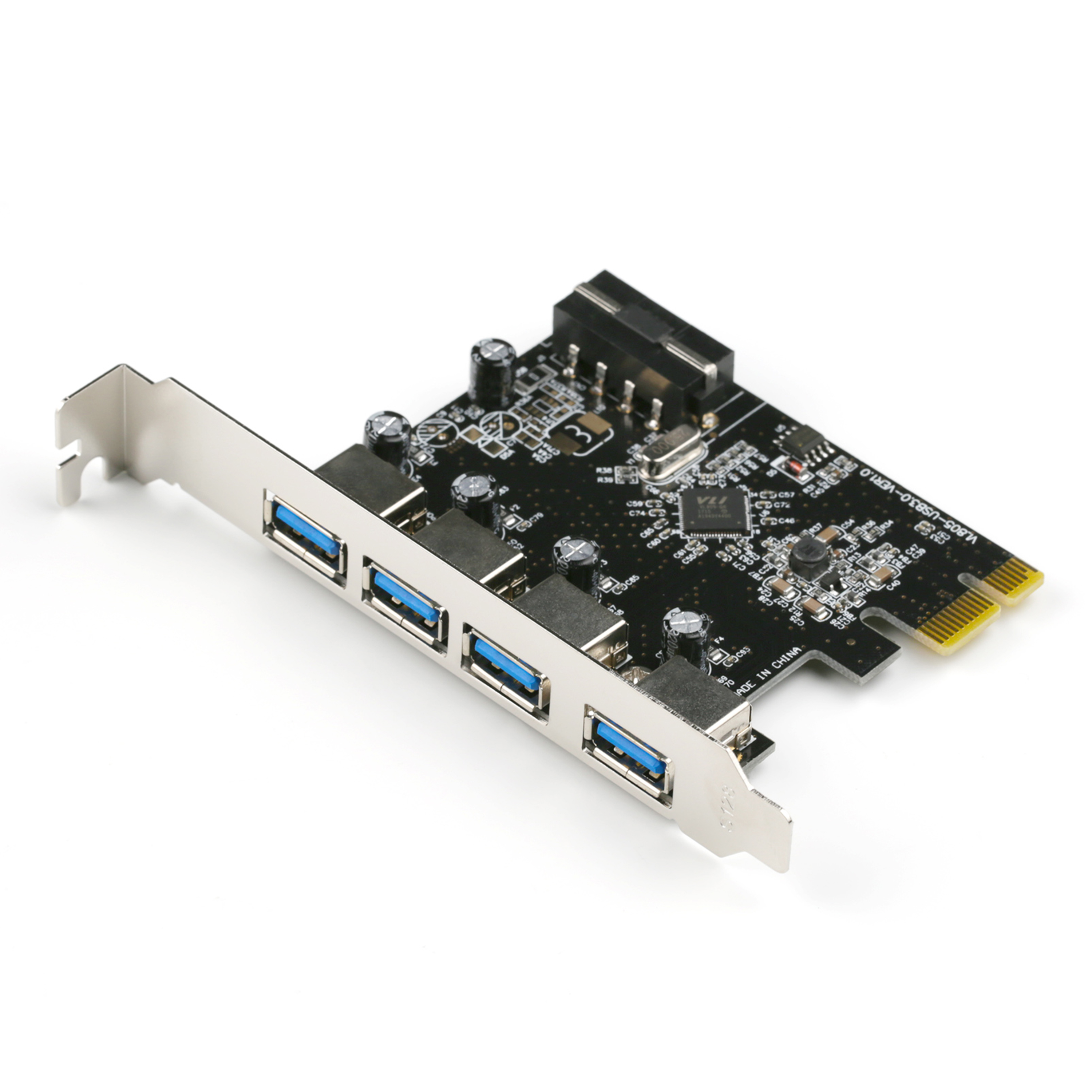 USB 3.0 Erweiterungskarte mit vier blauen USB-Anschlüssen, auf weißem Hintergrund.