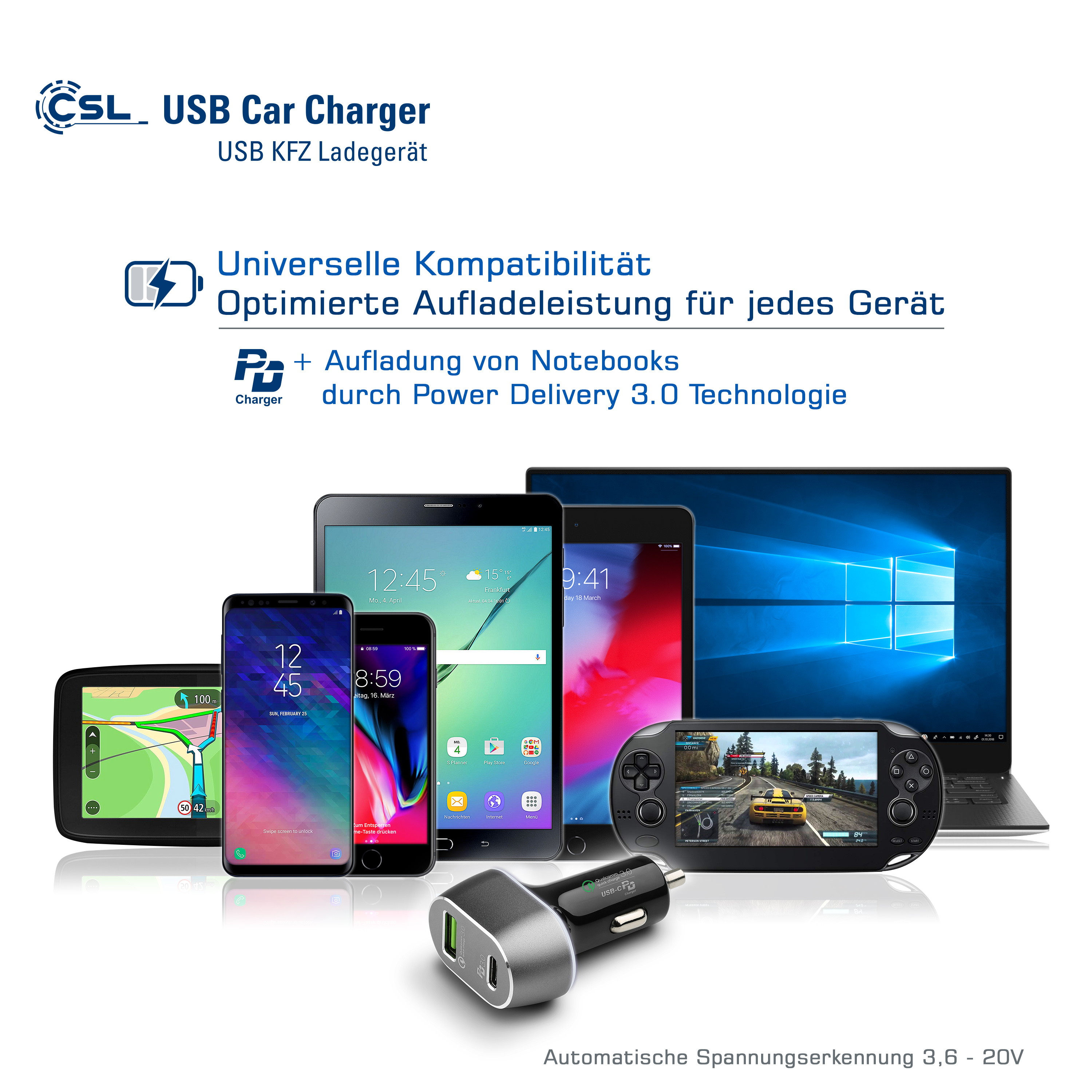 Bild von verschiedenen Telefonen und einem Tablet. Es gibt ein Autoladegerät im Bild.