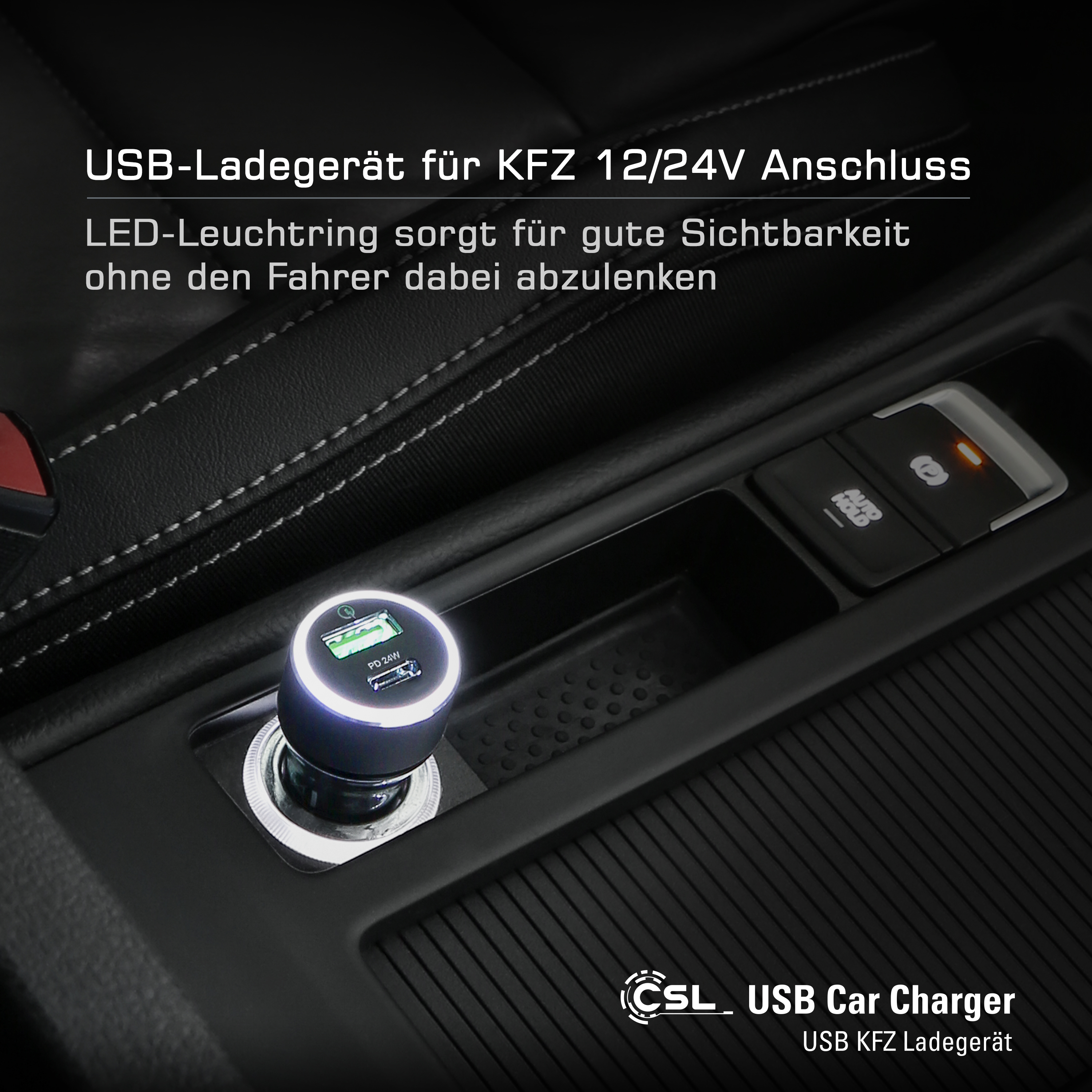 Autoladegerät im Auto. LED-Lichtring um das Ladegerät. Schwarzer Innenraum.