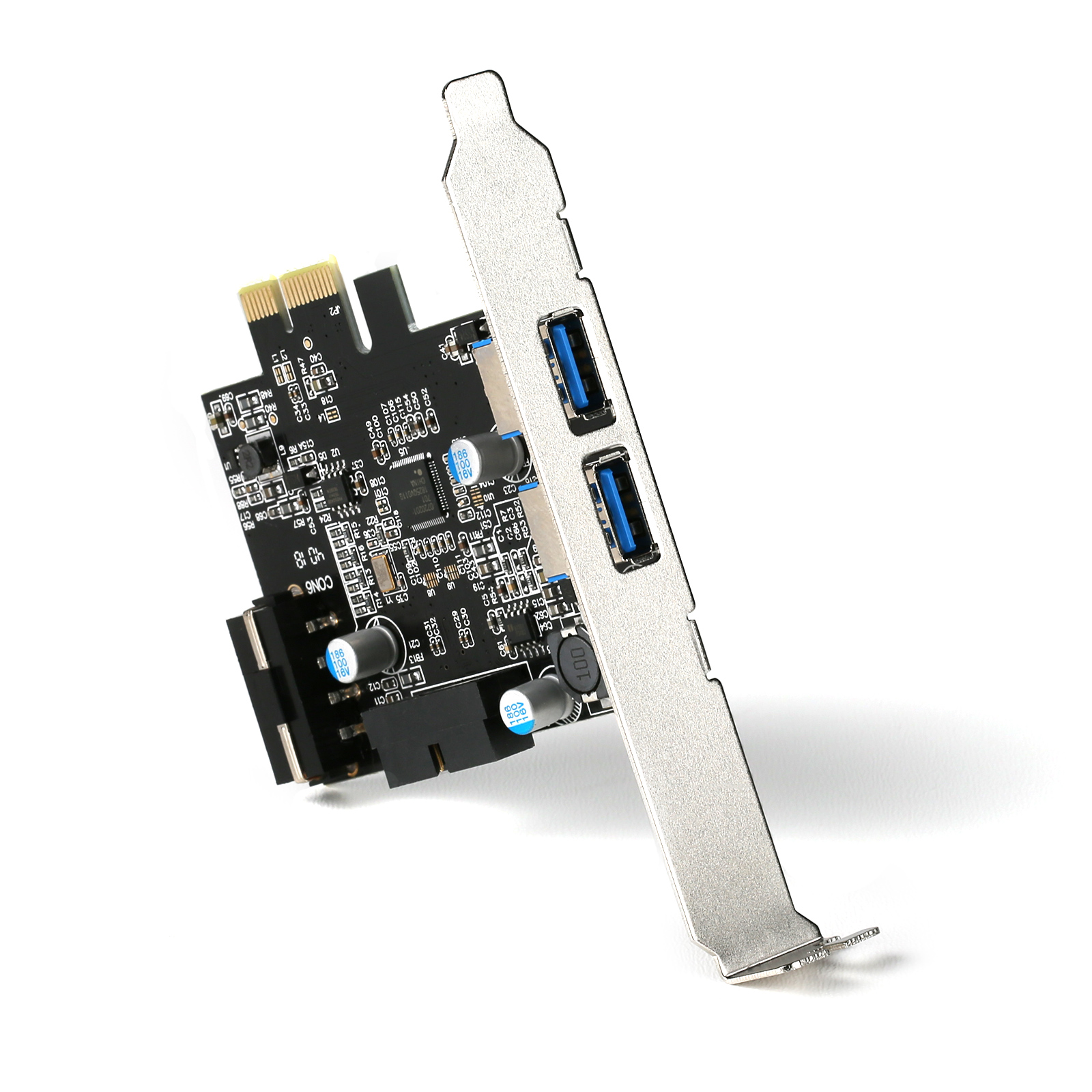 Eine silberne USB 3.0 Erweiterungskarte für einen Computer, mit zwei blauen USB-Anschlüssen.