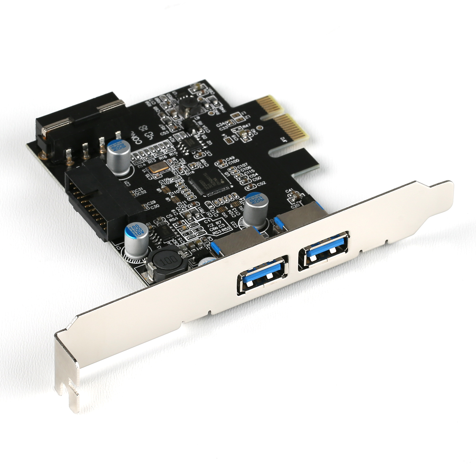 Eine schwarze USB 3.0-Karte mit zwei USB-Anschlüssen, einer Leiterplatte und einer Metallhalterung.