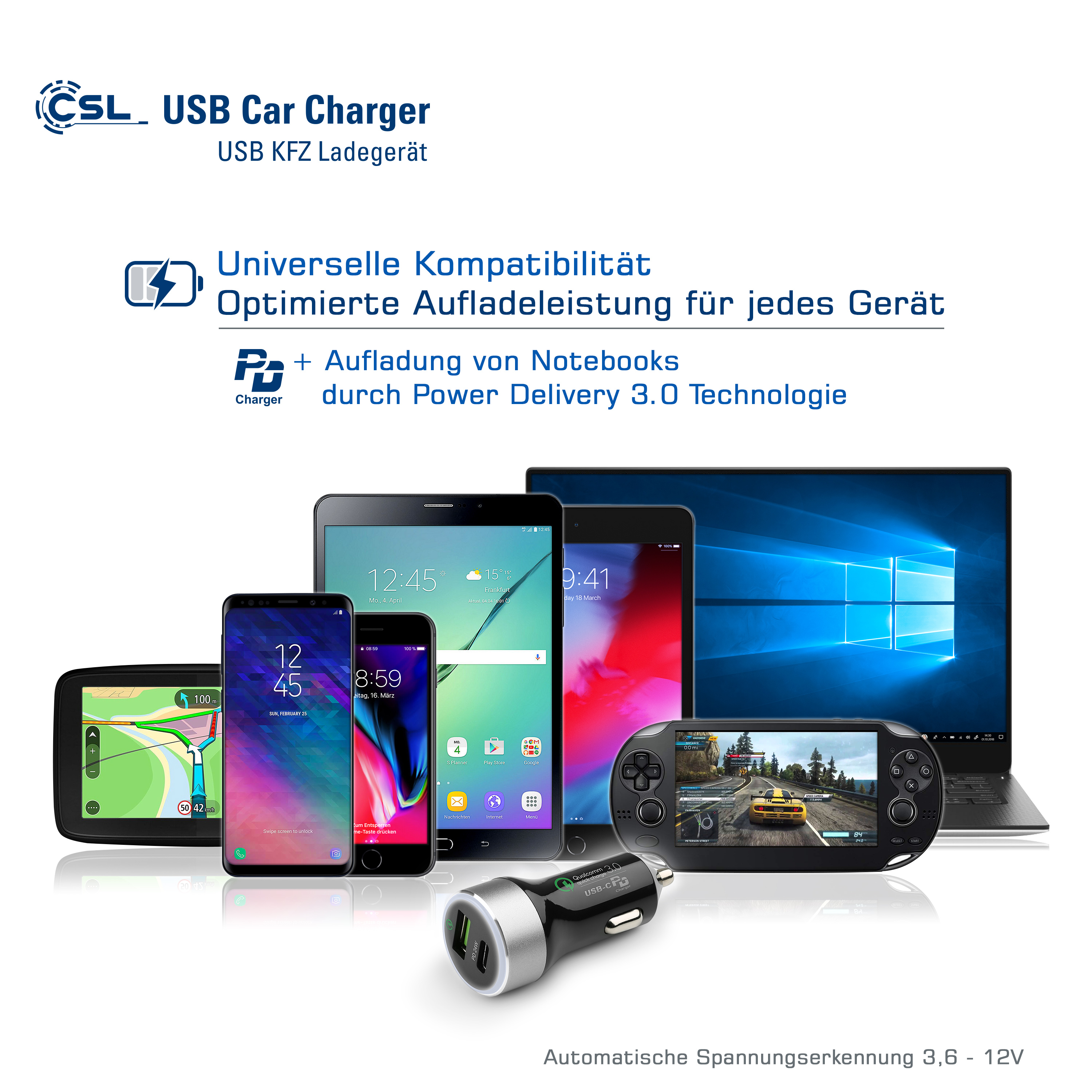 USB-Autoladegerät mit mehreren Geräten. Weißer Hintergrund.