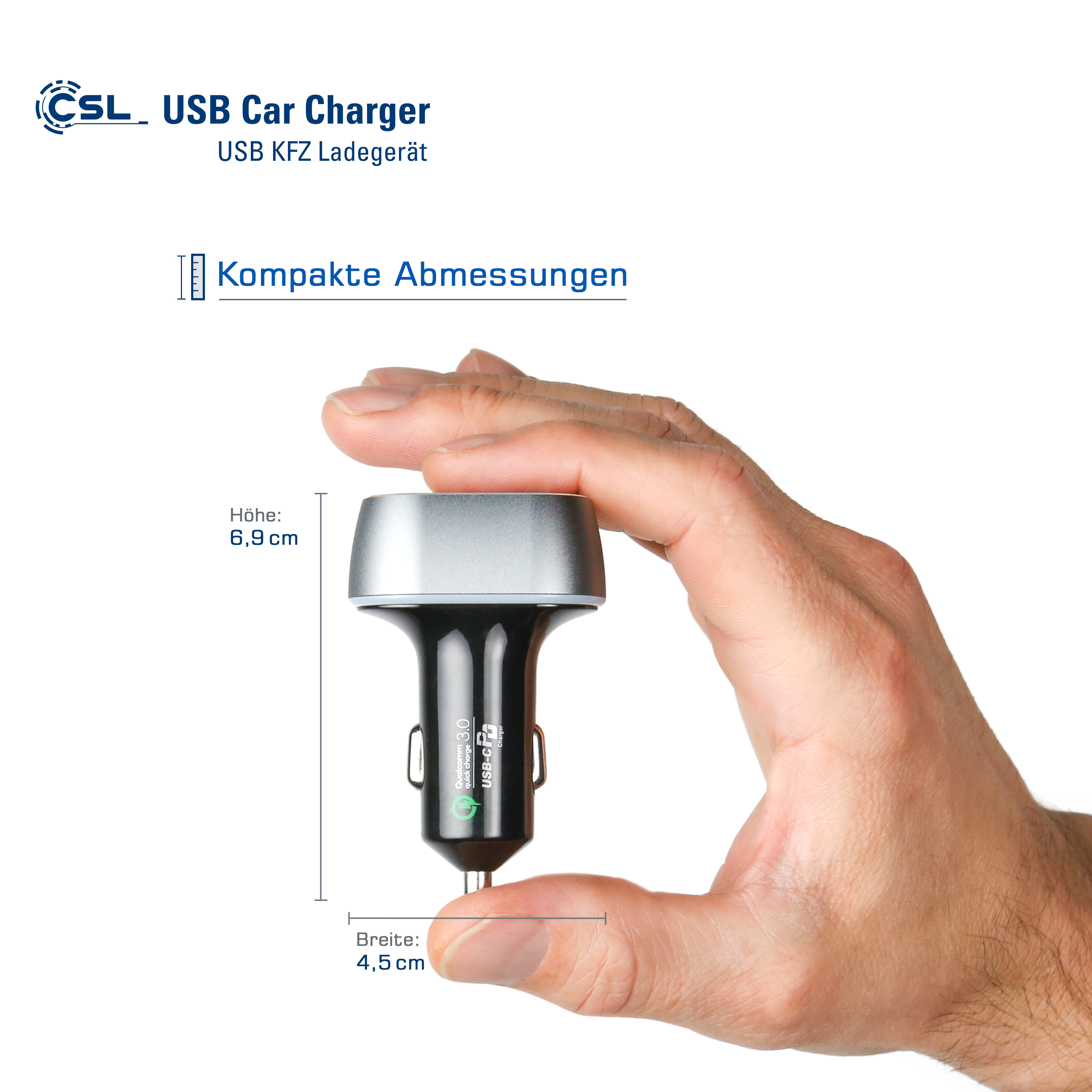 Silbernes und schwarzes USB-Autoladegerät in der Hand, mit beschrifteten Abmessungen. Text: USB-Autoladegerät und Kompakte Abmessungen.