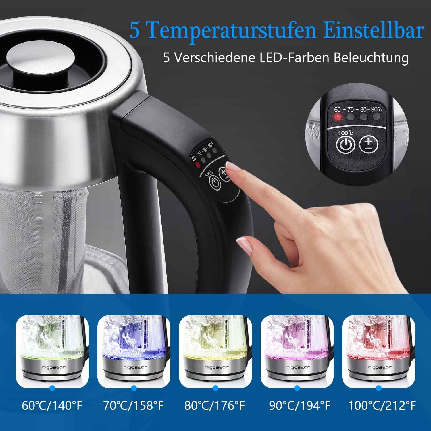 Schwarz-silberner Wasserkocher mit Temperatureinstellungen und LED-Farbindikatoren.