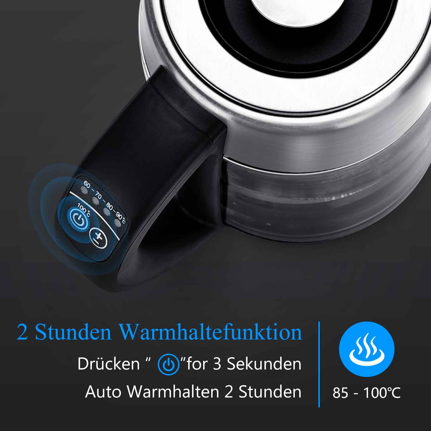 Nahaufnahme eines Wasserkochers. Ein Bedienfeld zeigt Temperatureinstellungen und die '2 Stunden Warmhaltefunktion'.